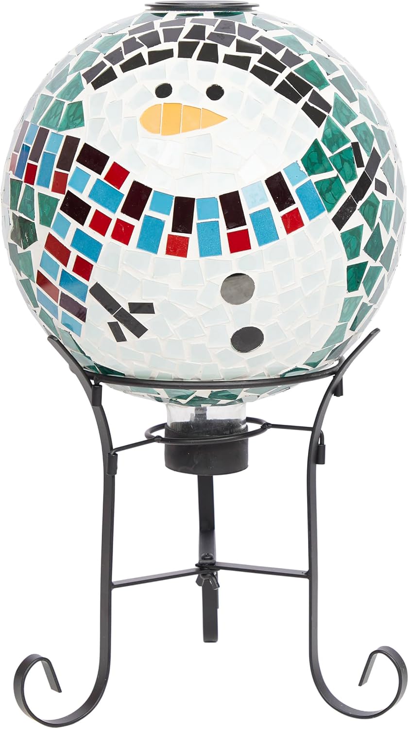 Alpine Corporation Solar Glass Snowman Mosaic Snow Globes with Foldable Metal Stand and 10 Cool White LED Lights, Christmas Decor, 17-in Tall