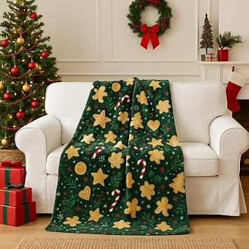 Holiday Christmas Fleece Throw Blanket- 60 x 50 Plush Green, Gold Gingerbread Men, Stars & Candy Cane Design Cozy Accent for Sofa Couch Chair Bed or Dorm
