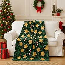 Serafina Home Holiday Christmas Fleece Throw Blanket- 60 x 50 Plush Green, Gold Gingerbread Men, Stars & Candy Cane Design Cozy Accent for Sofa Couch Chair Bed or Dorm