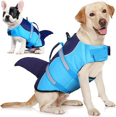 AOFITEE Dog Life Vest, Dog Life Jacket Shark, Reflective Puppy Safety Vest with Superior Buoyancy and Rescue Handle, Adjustable Dogs Swimsuit Float Coat for Small Medium Large Dogs, Blue XS
