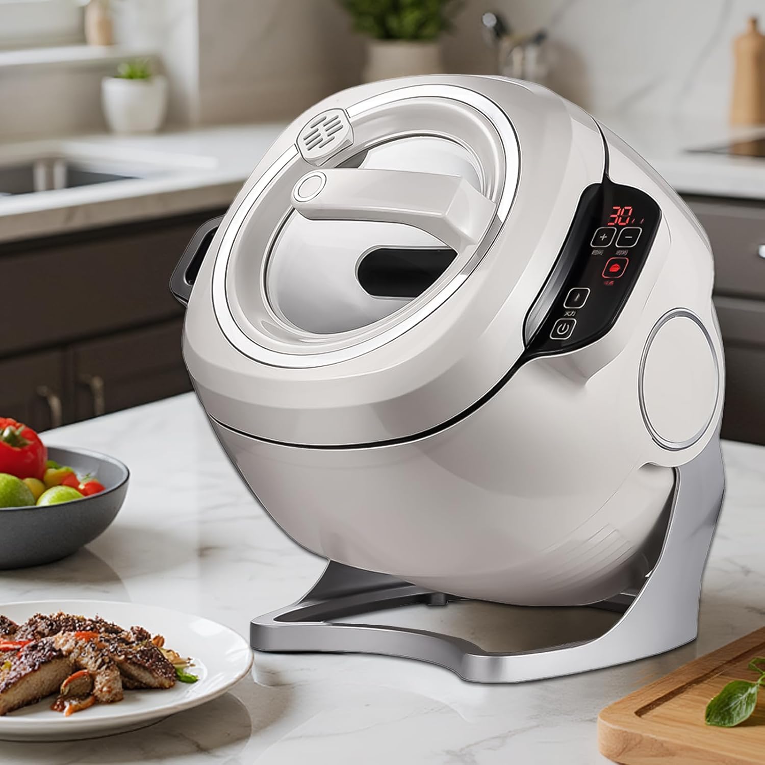 2000W Commercial Food Processor & Automatic Cooker - 6L Stainless Steel Pot with 360° Rotation, 3D Heating, 3 Speed Modes for Stir Frying/Soup/Rice, Home & Restaurant Kitchen Appliance