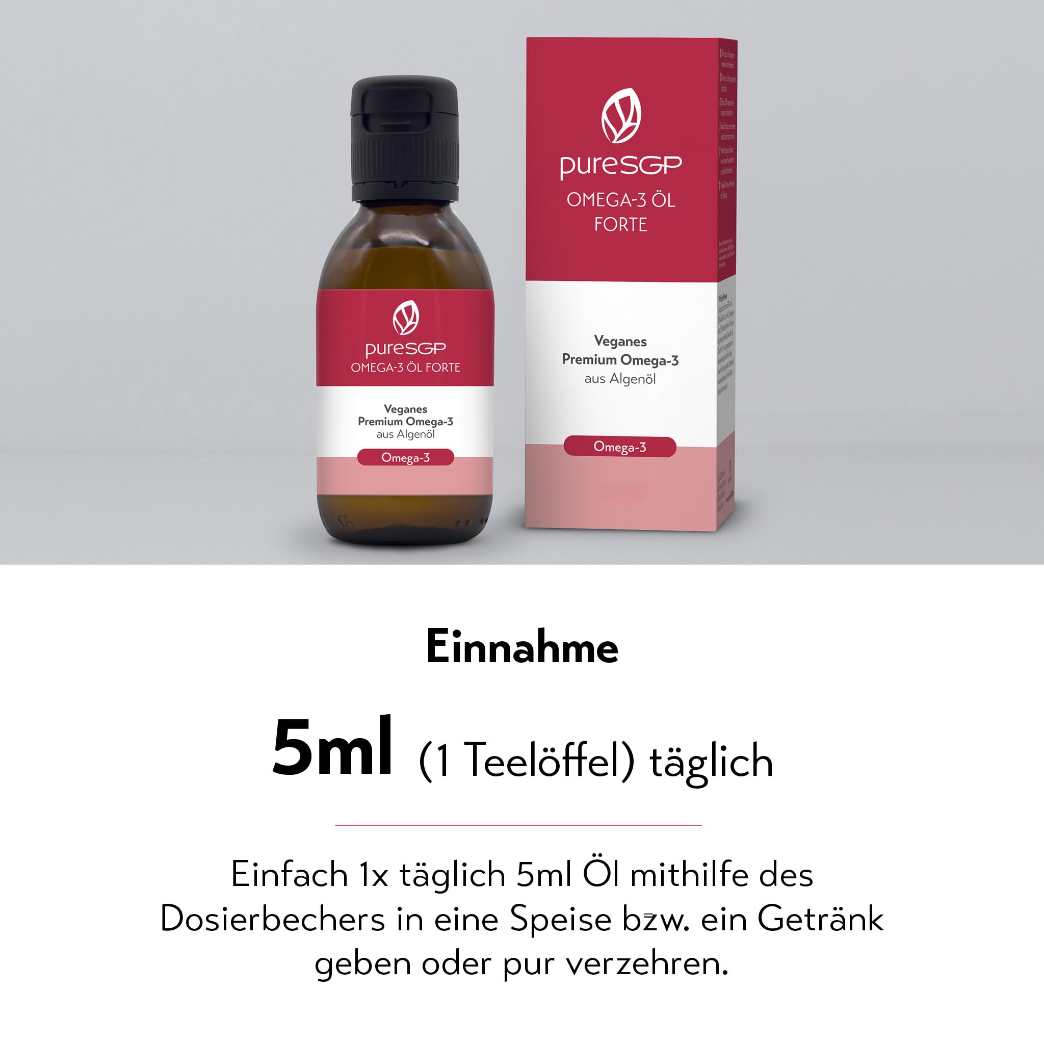 pureSGP® Omega-3 Öl FORTE [150ml]: Höchstdosiert, rein und pflanzlich - 2.123 mg Omega-3 pro Tag, 3.700 mg Algenöl mit DHA und EPA. Angereichert mit Vitamin D3 und Olivenöl. Feiner Zitronengeschmack.