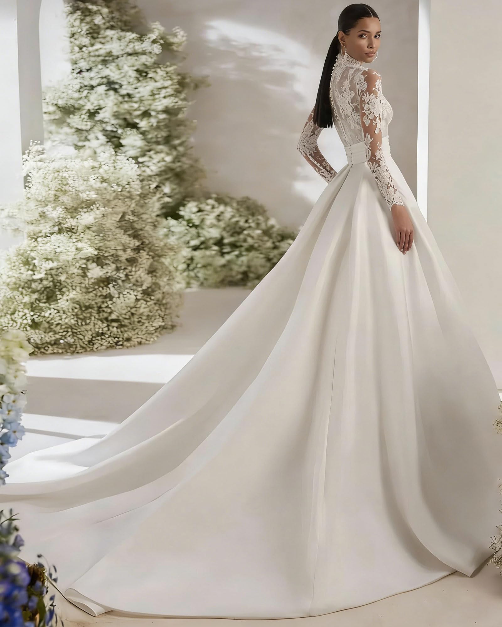 HUINI Satin Hochzeitskleider mit Stehkragen Spitzenapplikationen Lange Ärmel Brautkleider mit Schleppe