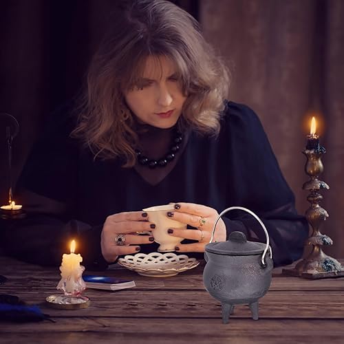 Miniatura 6 de DOITOOL Mini caldero de hierro fundido con tapa y asa, olla de bruja de Halloween de 4 pulgadas con tapa para decoración de Halloween o quema de