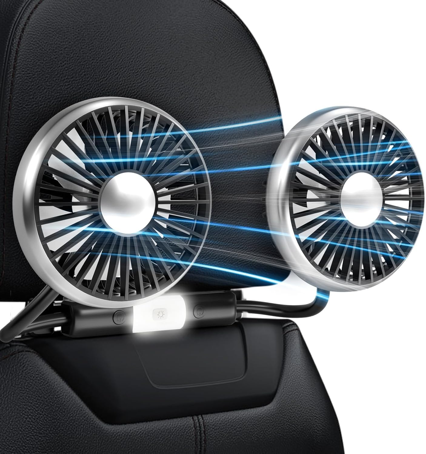 RIGGEAR Car Fan, Back Seat Car USB Fan with Dual Head 3 Speed Adjustable Cooling Air with 360° Flexible Rotation, Independent Switch USB Car Fan for Seat Headrest with Small LED Lamp-image-46