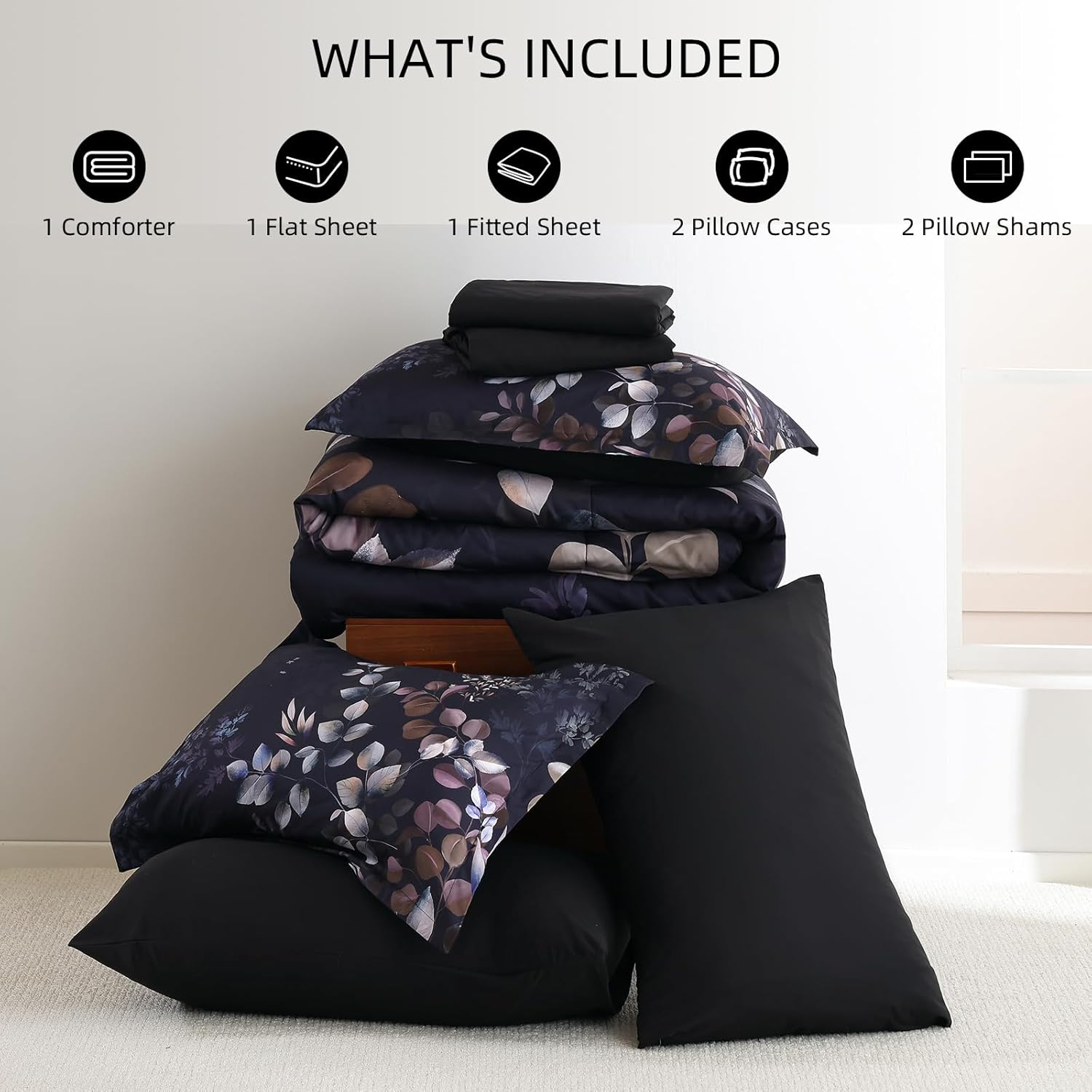 Xruibed Black Comforter Set Queen Size 7 Pieces Bed in a Bag, Botanical Floral Print Bed Sets, Elegant Flower Comforter with Sheet Set, Soft Microfiber Bedding Set for All Season (Black, 90"x90")