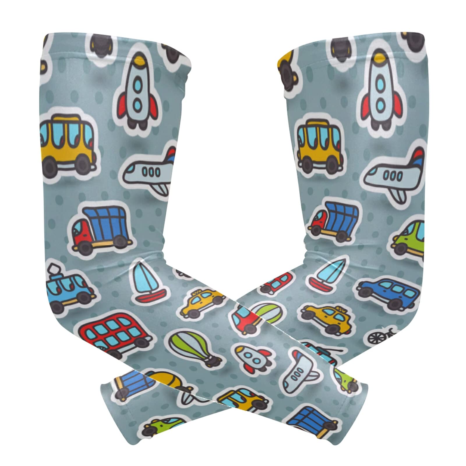 Seamless Cute Cartoon Hand Drawn Transport Bus Airplane Rocket Boat 1 Pair Cooling Sports Arm Sleeves, Cover Uv Sun Protection Warmer for Sports Men Women Running Golf Cycling Riding Jogging