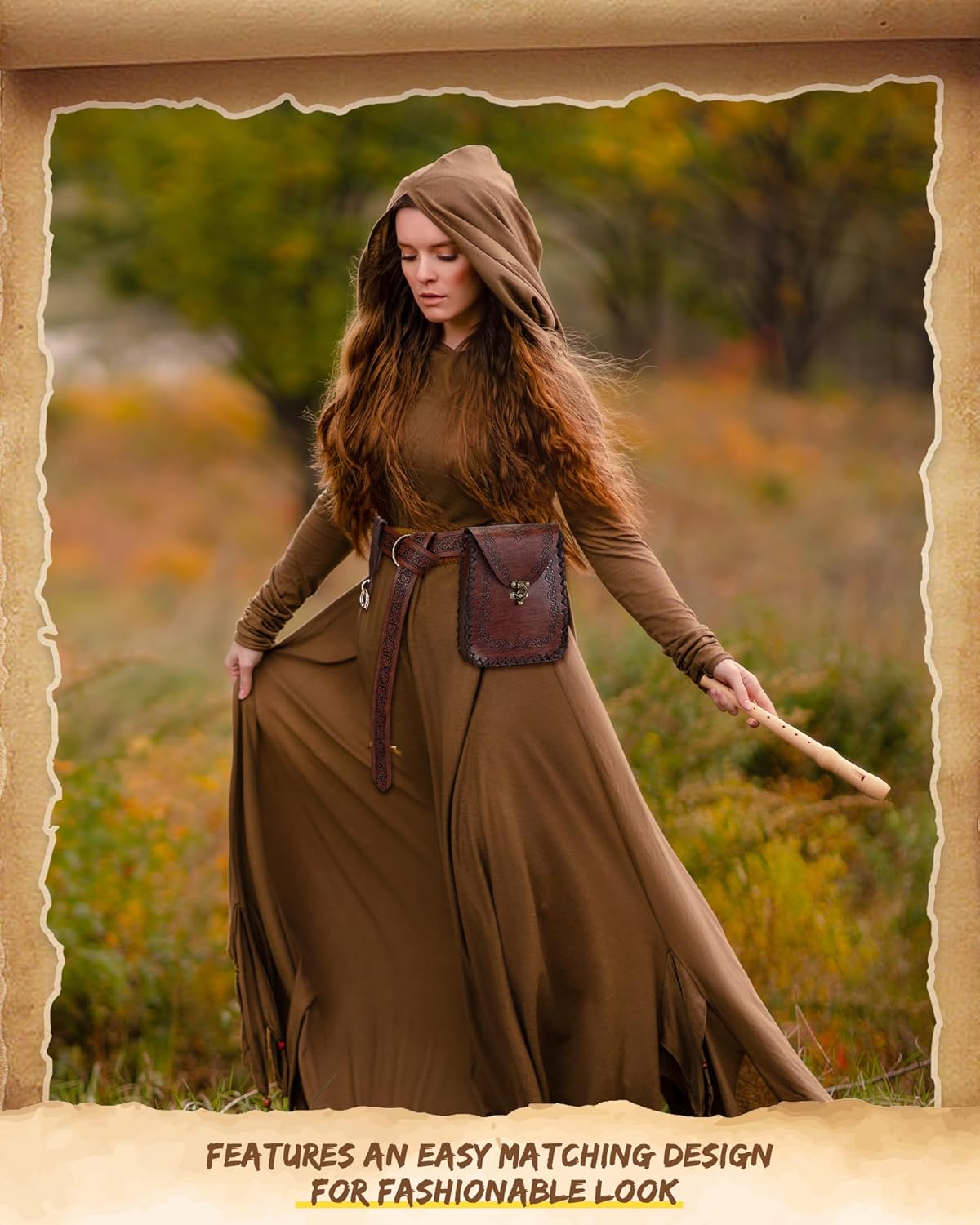 Geyoga 3 Pcs Renaissance Belt Women Skirt Hikes Renaissance Belt Bag Waist Leather for Ren Faire Costume(Leaf Pattern) Brown - Image 6