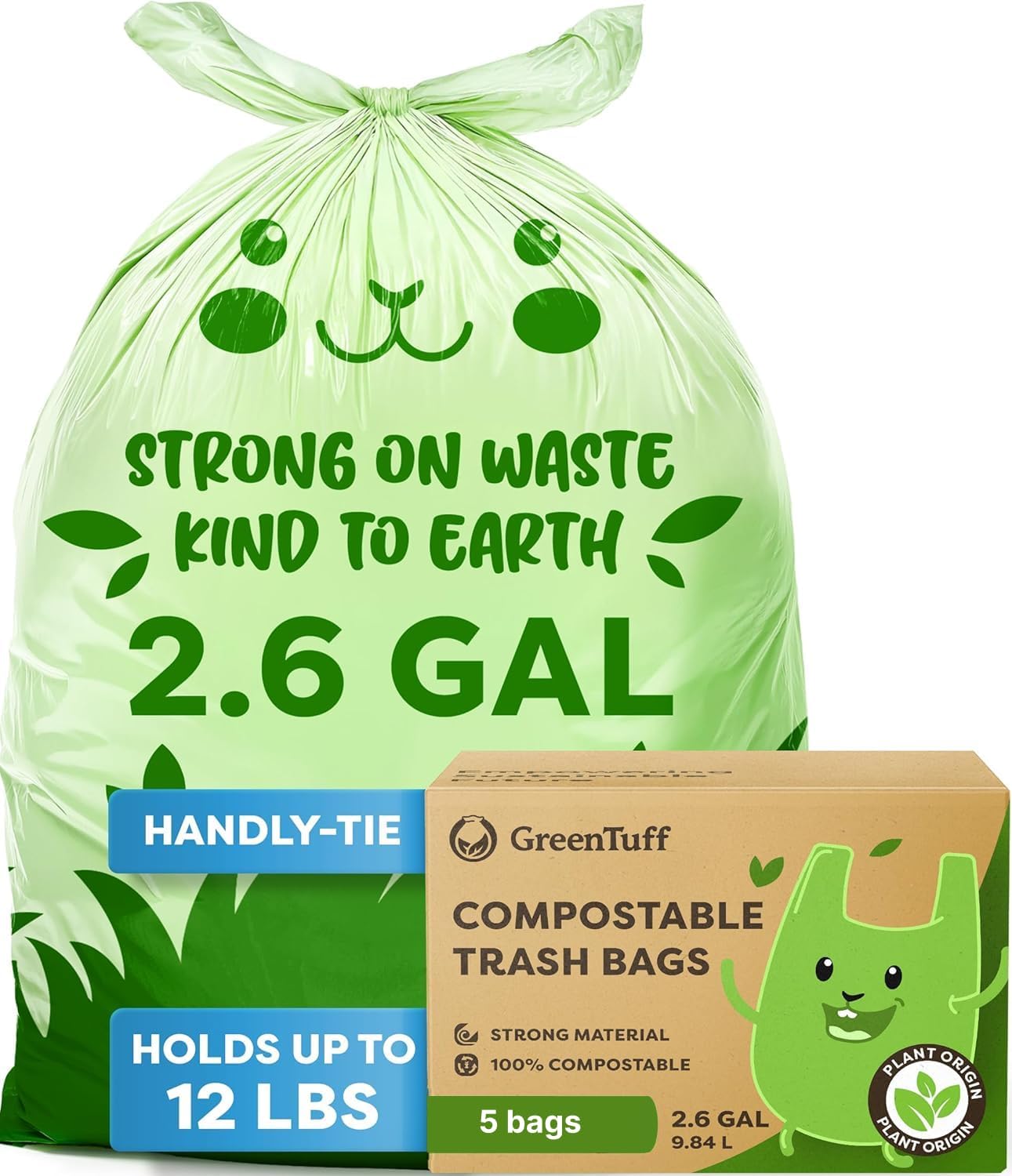 2.6 Gallon Compostable Trash Bags — 5 Count Trial Pack — Small Kitchen & Countertop Compost Bin Liners (18 µm) — Plant-Based ASTM D6400 BPI Certified — Sample Size to Try Before Full Pack