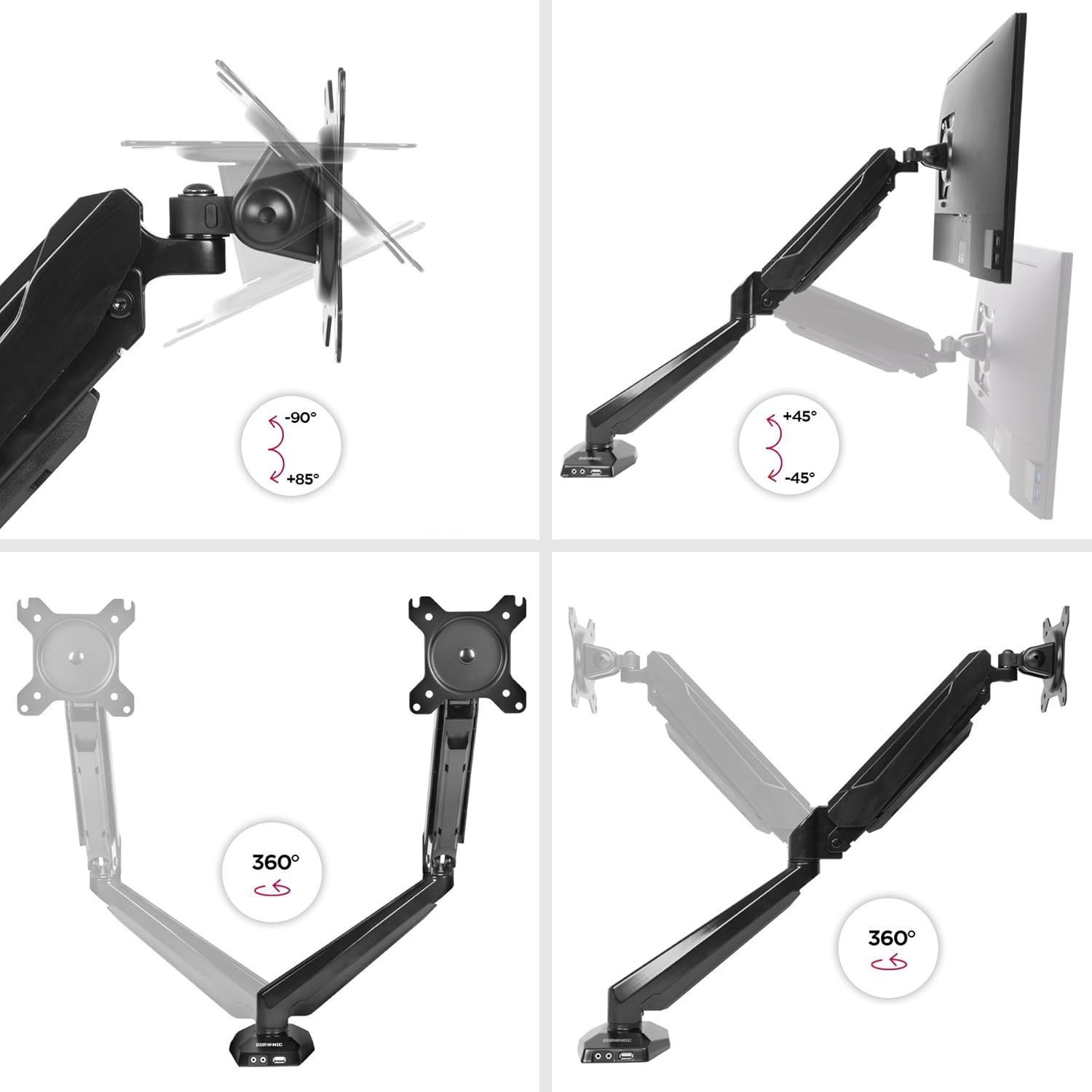 Image showing various adjustment capabilities of the monitor arm, including tilt, swivel, and 360-degree rotation.