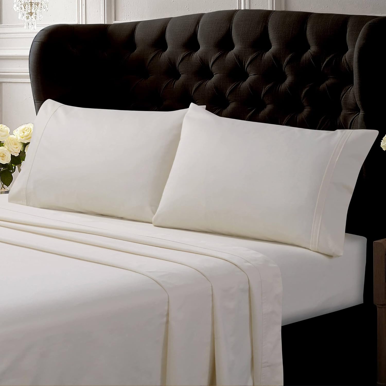 Tribeca Living Egyptian Cotton Sateen Pillowcases King, Set of 2 Bed Pillow Covers, Solid, 500 Thread Count, Luxury Bedding, Ivory