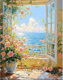مجموعة الرسم بالارقام، منظر المحيط مع الورود، قماش 40 × 50 سم، مجموعة فنية كاملة يمكنك صنعها بنفسك مع فرش وطلاء