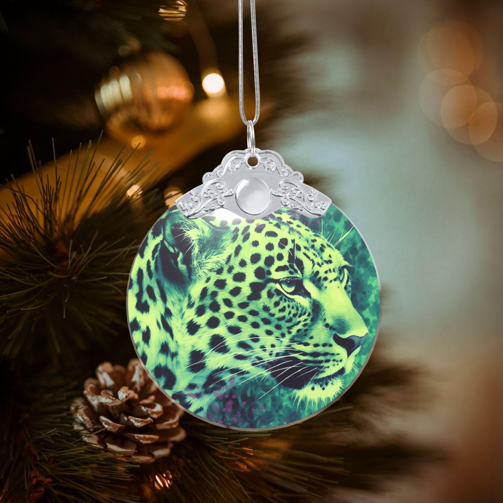 Crystal Christmas Ornaments for Christmas Tree Decoration Hanging Green Leopard Ornament with Gold Ribbon Crafts Round Pendant for Keepsake Gifts Glass Xmas Decor Party Supplies