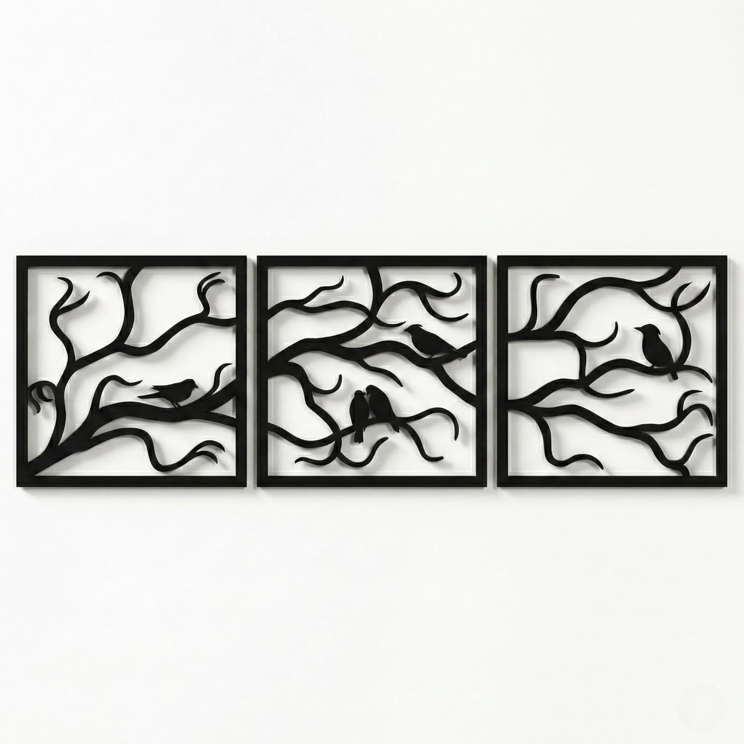 Metal Wall Art, Birds on Branch 3 Pieces, Tree Wall Art, Tree Sign, Wall Decor, Interior and Outdoor Decoration, 3 Panels Wall Hangings (40"W x 13"H / 102x33cm)