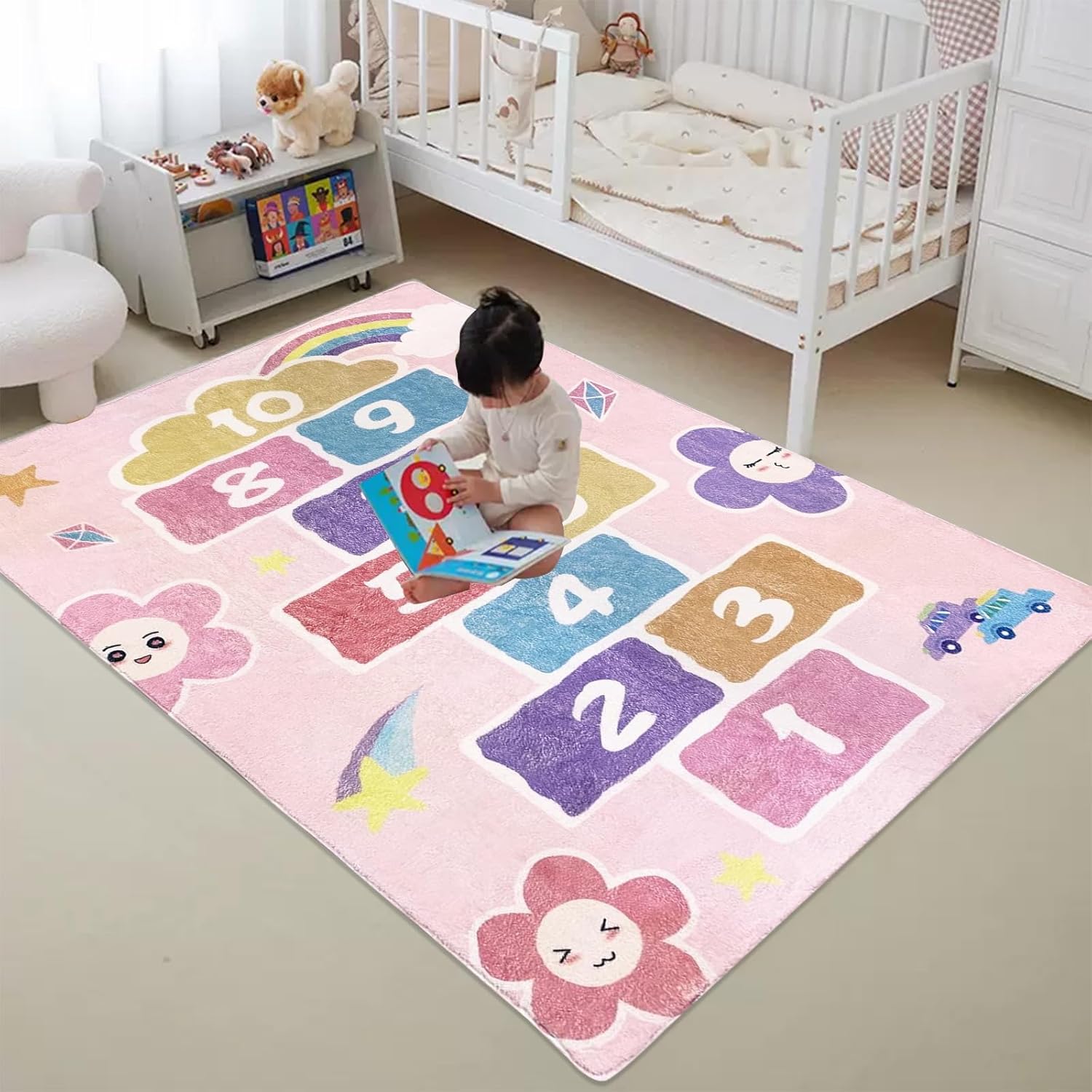 USTIDE Pink Hopscotch Number Counting Activity Educational Learning Area Rug Soft Floor Carpet for Bedroom Playroom Nursery Children Crawling Rectangle Play Mat,5x7ft