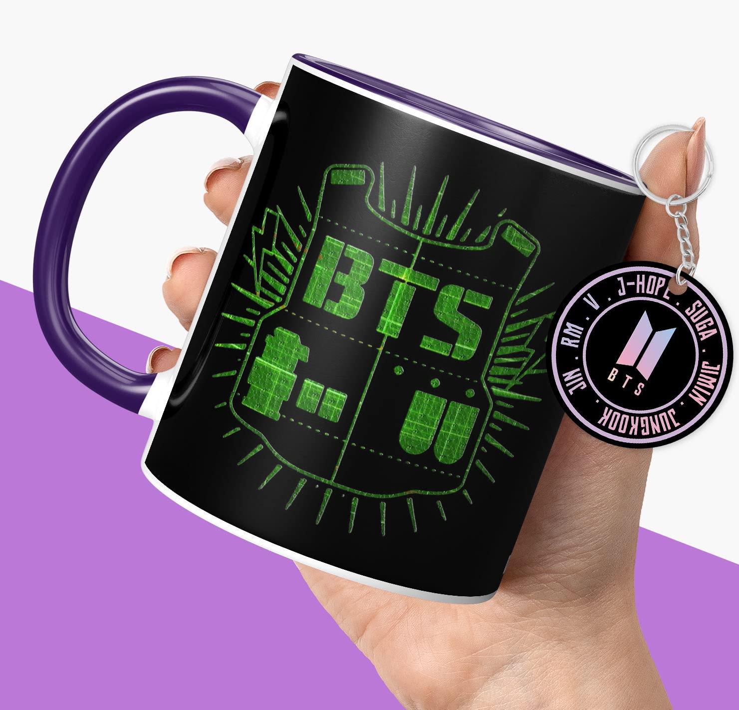 NH10 DESIGNS BTS Printed Mug with Keychain for Girls Boys Birthday Gift for Friends BTS Music Band V Suga J-Hope Jungkook Jin Jimin Rm, BTS Mug (Coffee Mug-350ml) -B61DBMK 42