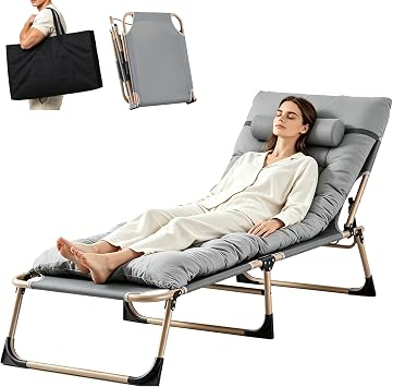 BSTSEL Heavy Duty Garden Sun Lounger with Bag Mattress 22mm Steel Frame Support Adjustable Folding Guest Bed with Cushion Sun Bed for Home Office Beach Garden Patio Pool Grey