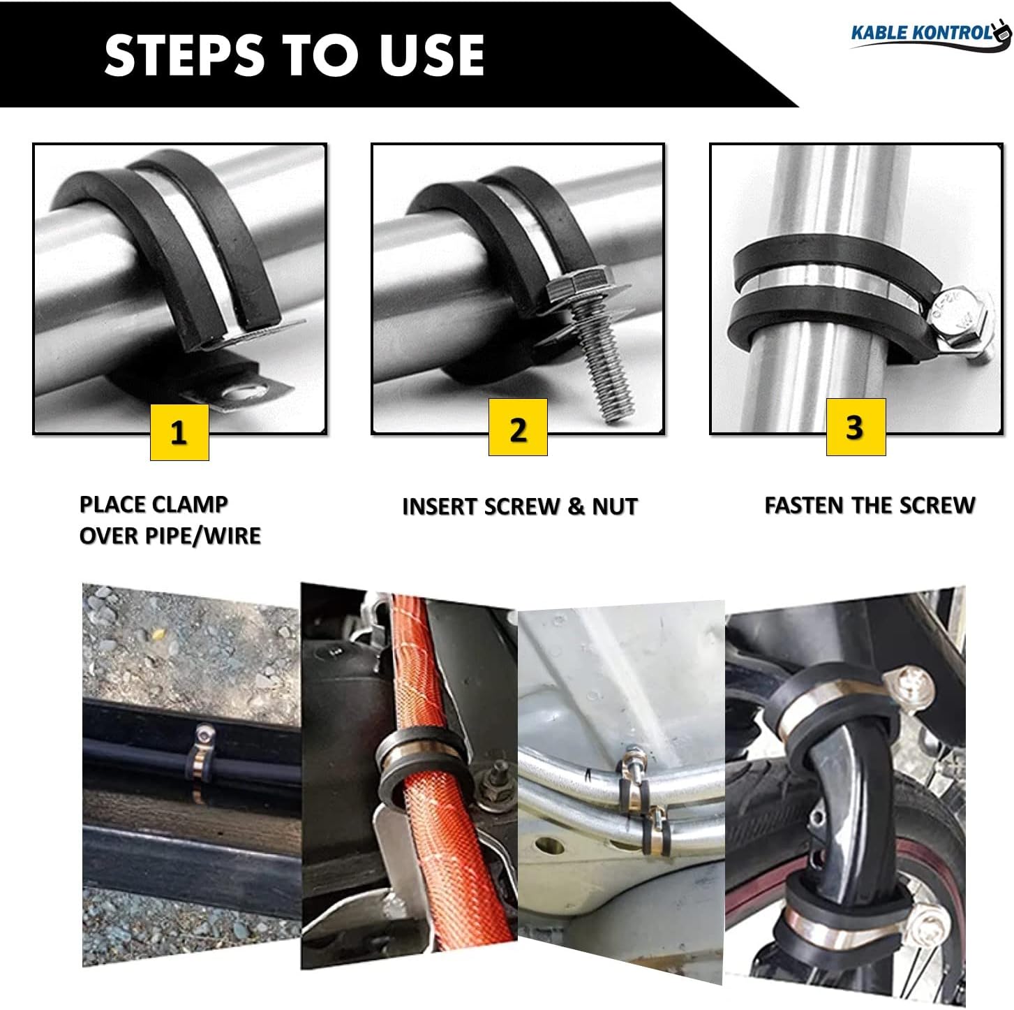 Kable Kontrol 100 Pack 1/2 Inch Aluminum Cable Clamps, Rubber Coated Insulated Wire Clamp, Cable Management for Hose, Steel Pipe, Wires, Cords, Conduits, Construction and Automotive