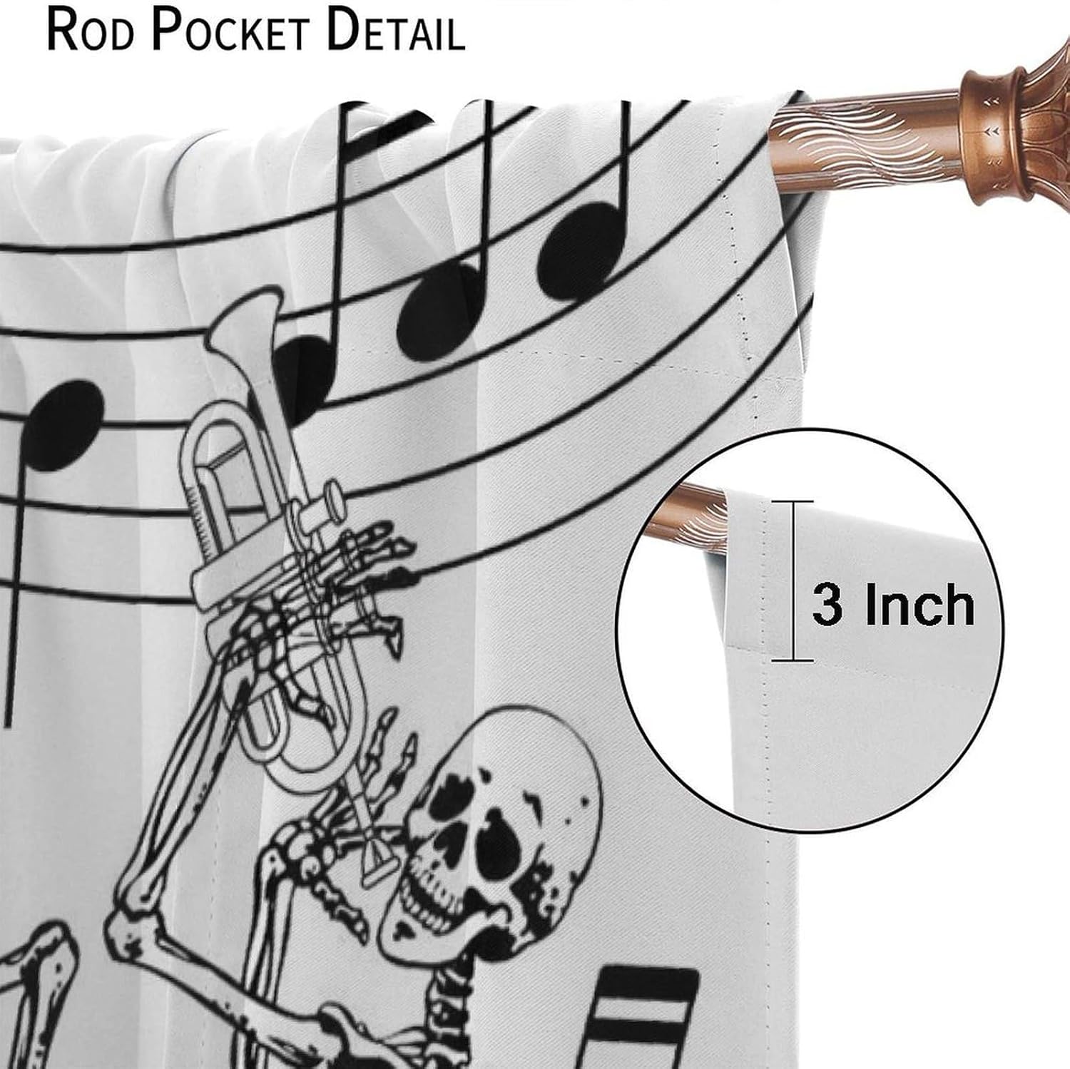 Funny Skull Blackout Window CurtainGothic Skeleton Dancing Saxophone Music Wildflower Floral Curtain for Home Kitchen Livingroom Coffee Room Window Curtain 2Panel 42" W X 45" L
