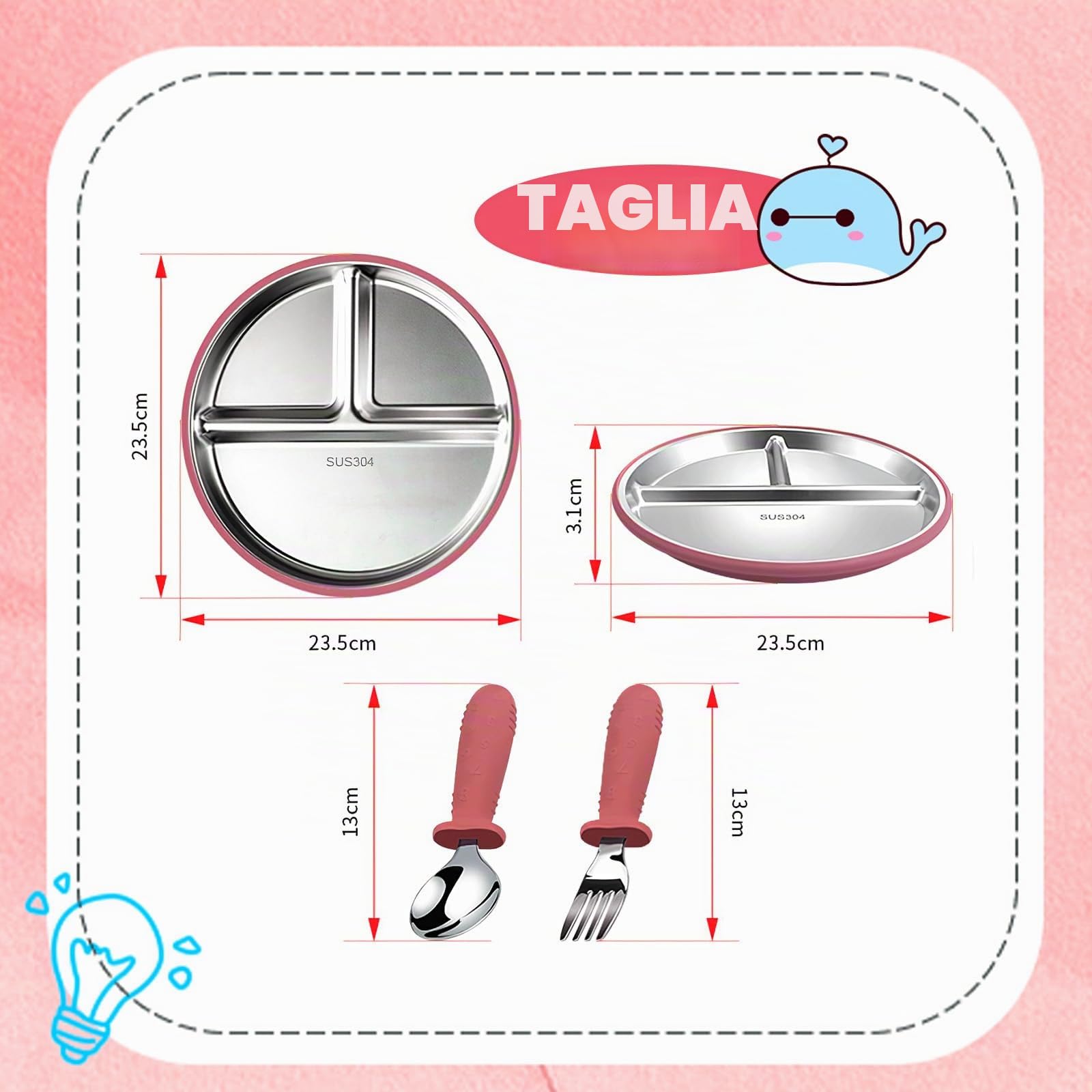 Set Piatto Svezzamento con Ventosa – Piatto Bambini in Acciaio Inox 304 e Silicone, Posate per Autoalimentazione BLW, Lavabile in Lavastoviglie, Antiscivolo, Senza BPA, Dai 6 Mesi