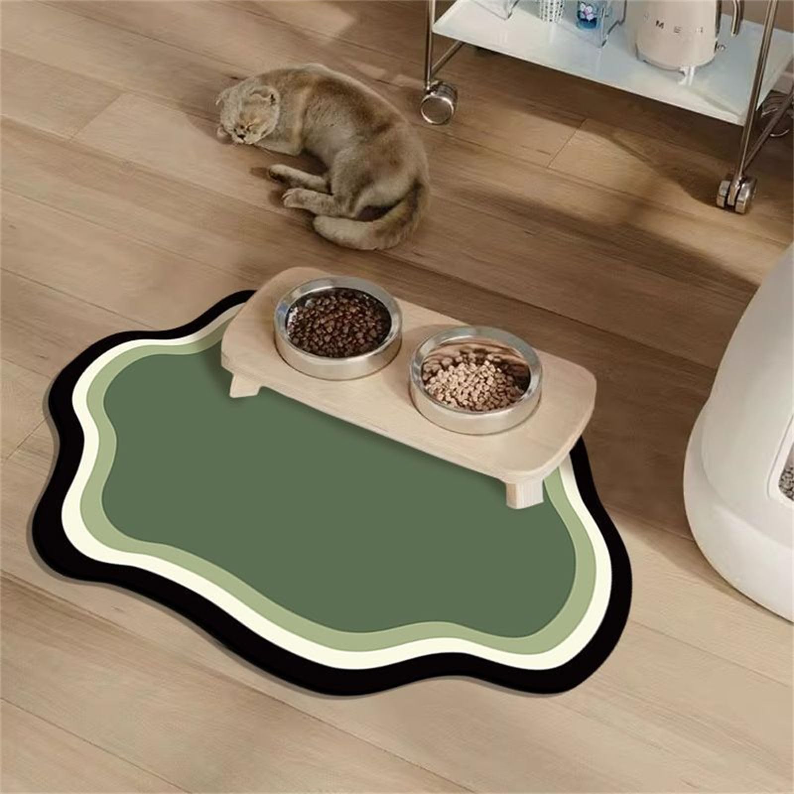 Hearda Absorbent Pet Food Mat, Irregular Shape Pet Mats for Food Bowls Pet Feeding Mat Dog Bowl Mats Non Slip Quick Dry Water Dispenser Mat Durable Dog Food Placemat (60x90cm,Dark Green)
