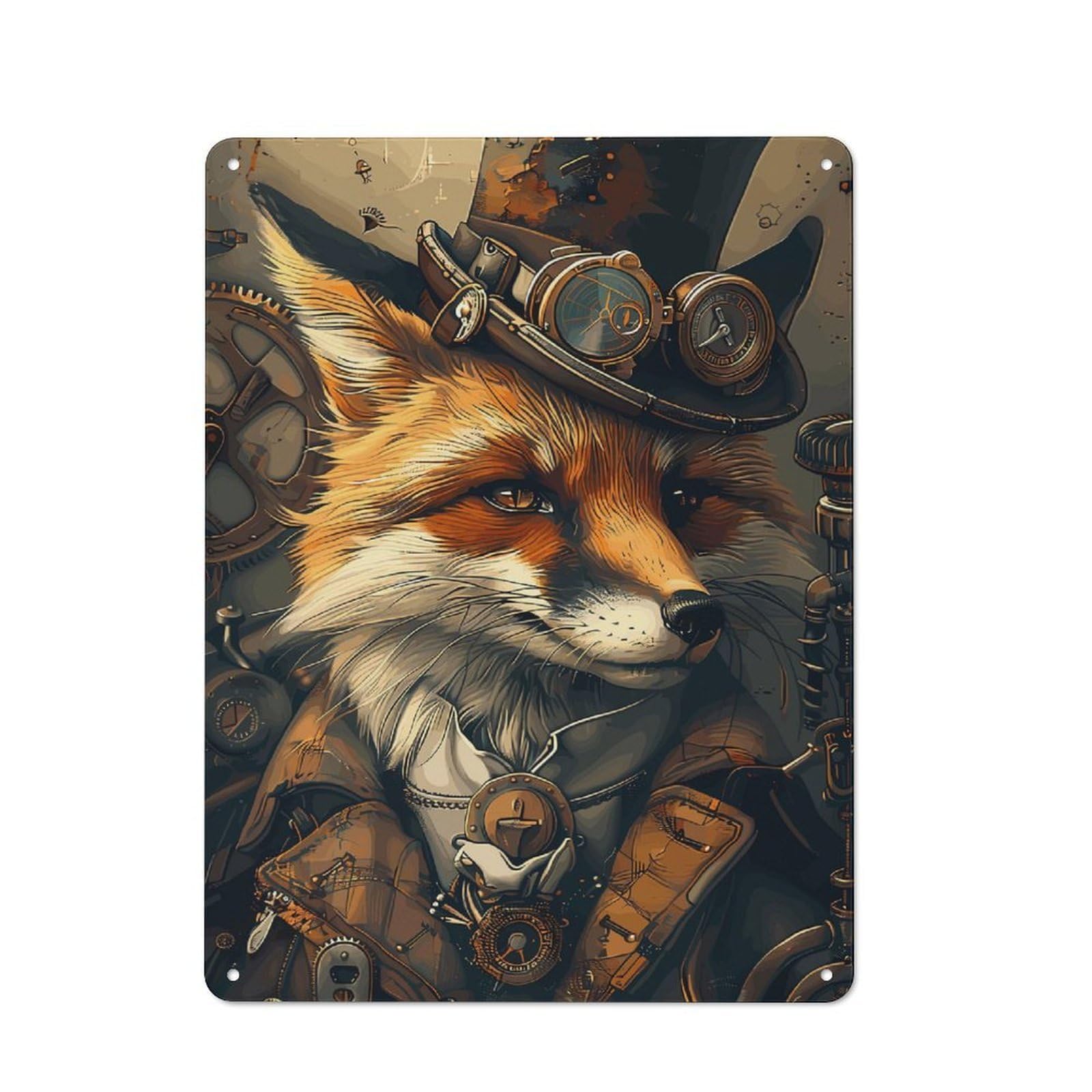 Junmoney Style-13 Metal Wall Sign 40X30cm Featuring Animal Steampunk Fox For Bar Or Restaurant, Gift For Bar Decor Enthusiasts During The Christmas Season