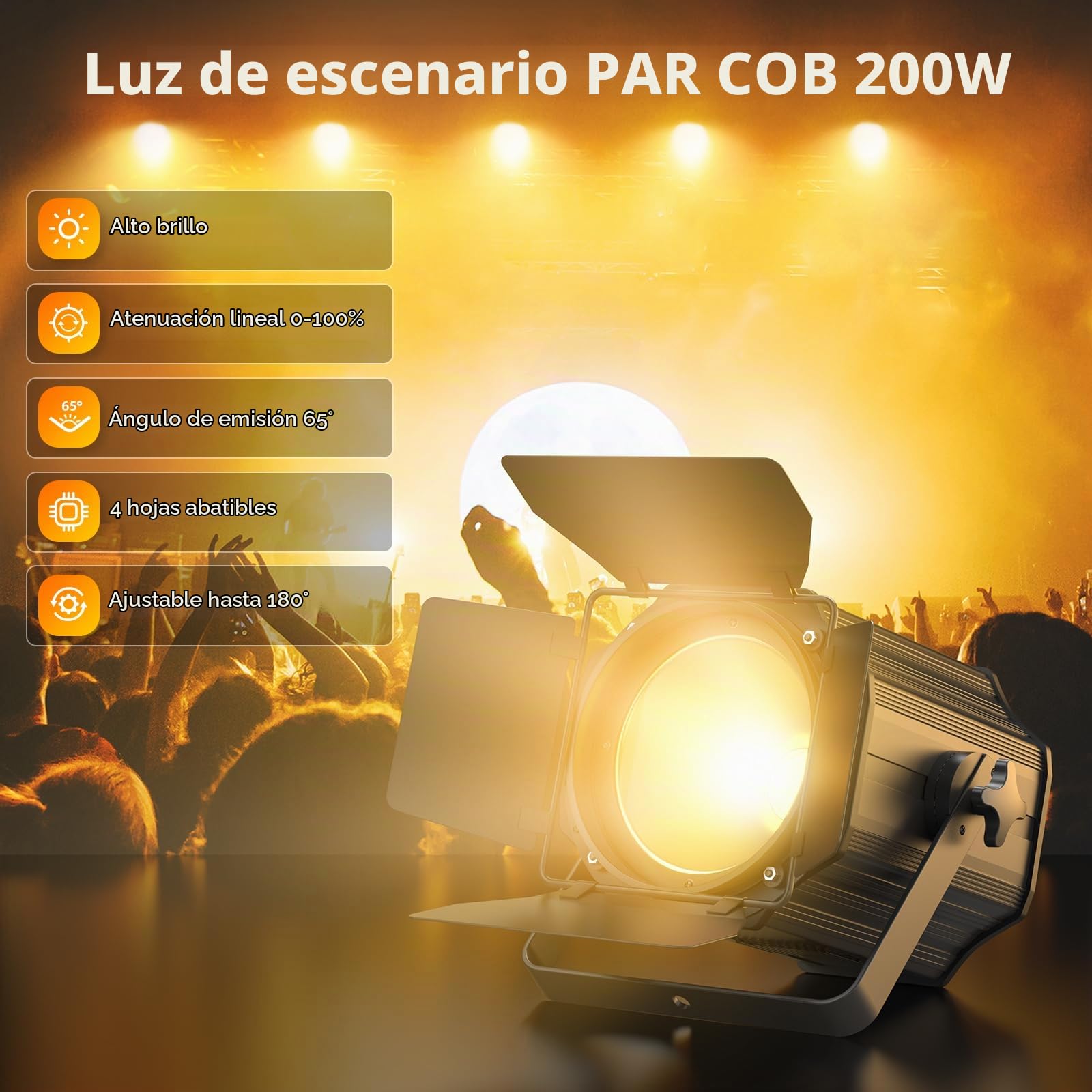 200 W COB Foco LED Par con viseras de granero, 3500-7500 K 2 en 1 iluminación del escenario DMX/Maestro-Esclavo luz de fiesta ideal para DJ, iglesias, conciertos y bodas