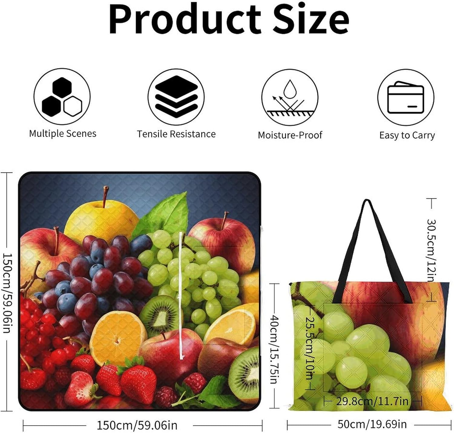 Fruits Picnic Blanket with Zipper Water Resistant Sand Free Picnic Mat Washable Foldable Easy Carry Beach Blanket for Lawn Beach Hiking Camping
