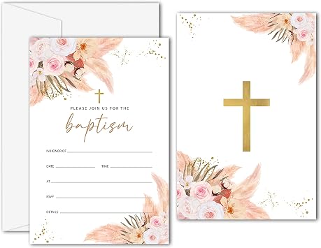 Boho Floral Baptism Invitation, Baptism Invitations with Envelopes Baptism Invitations for Boy Girl Christening Naming Ceremony Baptismal - 25 Invitation Cards With 25 Envelopes C04