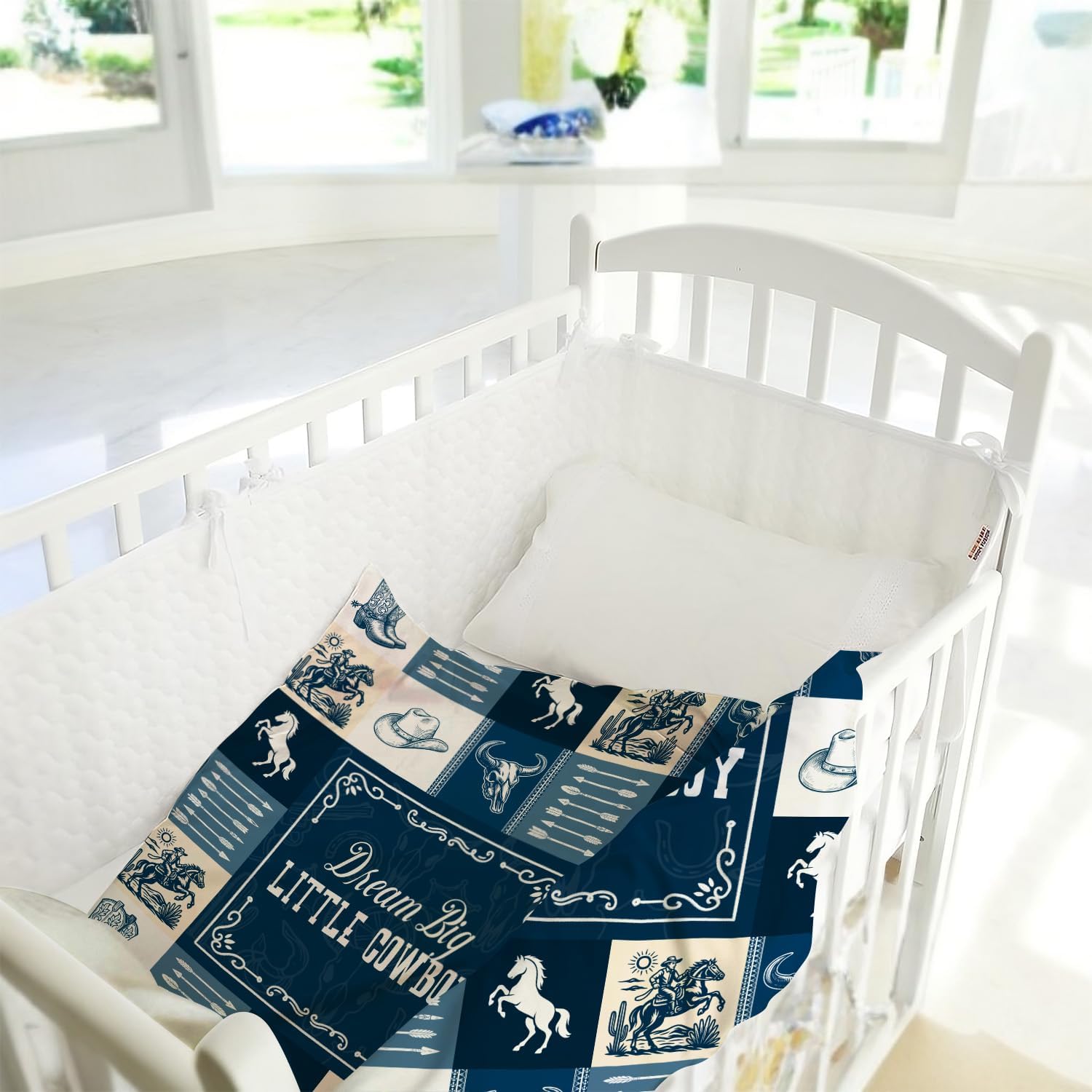 Western Baby Blanket, Western Decor for Nursery Room, Baby Blankets for Boys Girls, Cowboy Baby Blankets, Western Baby Stuff, Soft Warm Lightweight Nursery Bed Blanket for Newborn Toddlers Blue Themed