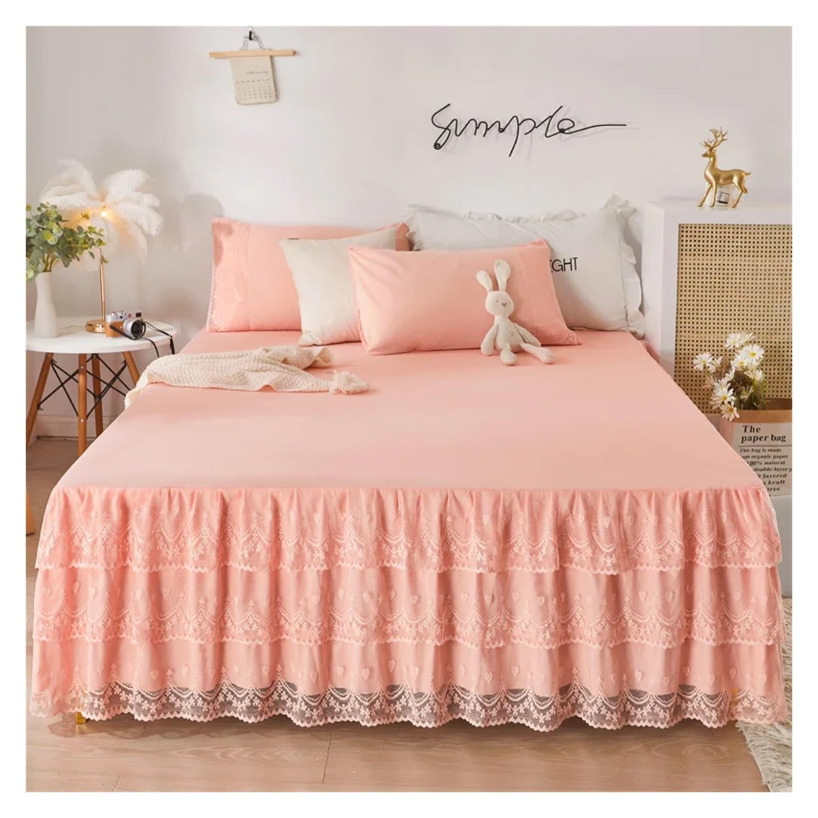 Bed Skirt Pillowcase Bed Set Ruffle Three Layers Lace Bedspreads Sheet Soft Fitted Sheet Cover(23,2pcs pillowcase)