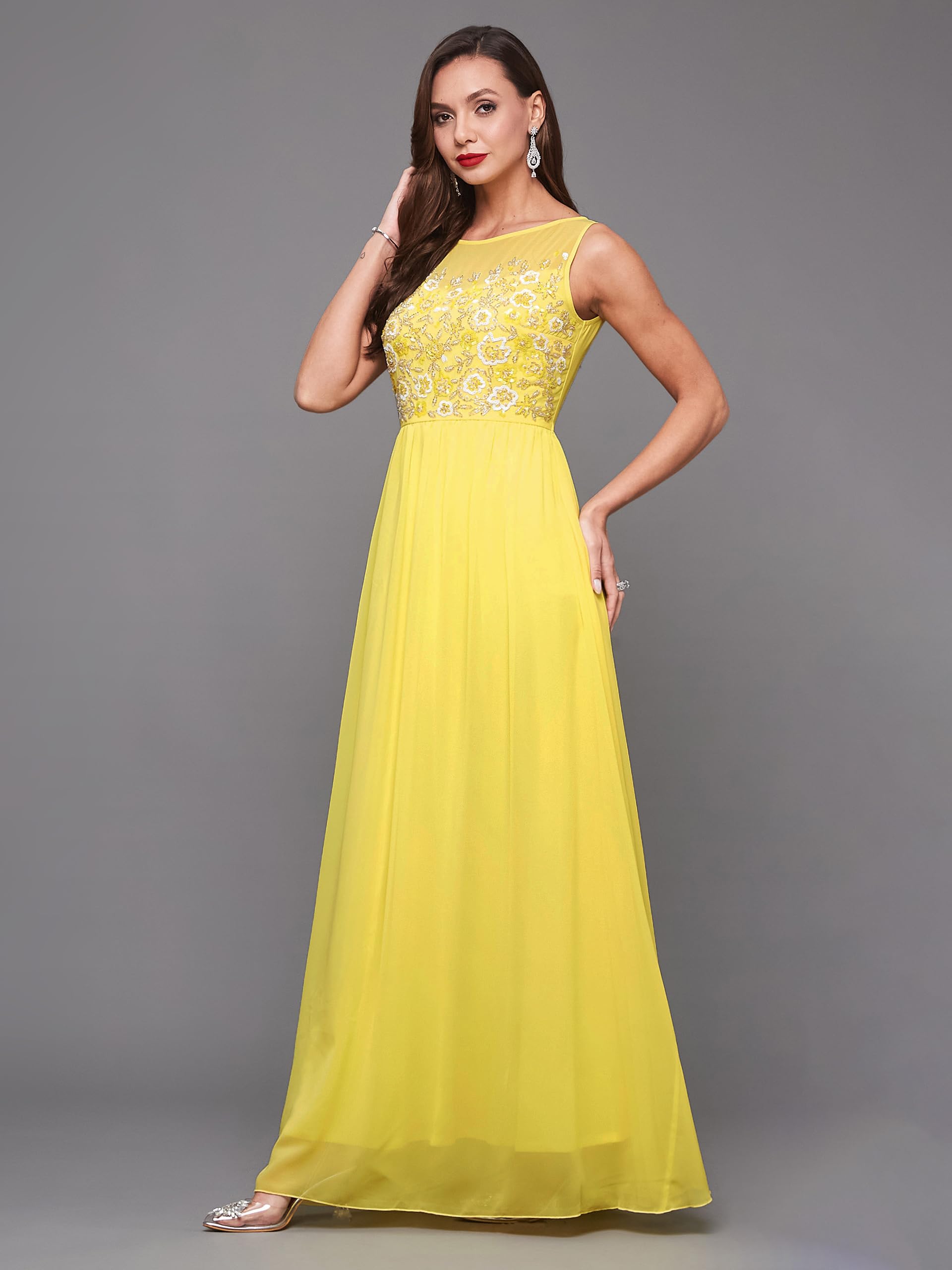Miss Chase Women's Boat Neck Sleeveless Embroidered Georgette Maxi Dress (Plus Size) (Mcaw19D08-45-304-03, Light Yellow, S)