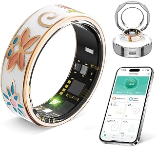 Smart Ring for Women & Men, Fitness Tracker with Heart Rate, SpO2, Blood Pressure & Sleep Monitoring, IP68 Waterproof, Long Battery Life, No Monthly Fees, for iPhone Android (#8&Floral)