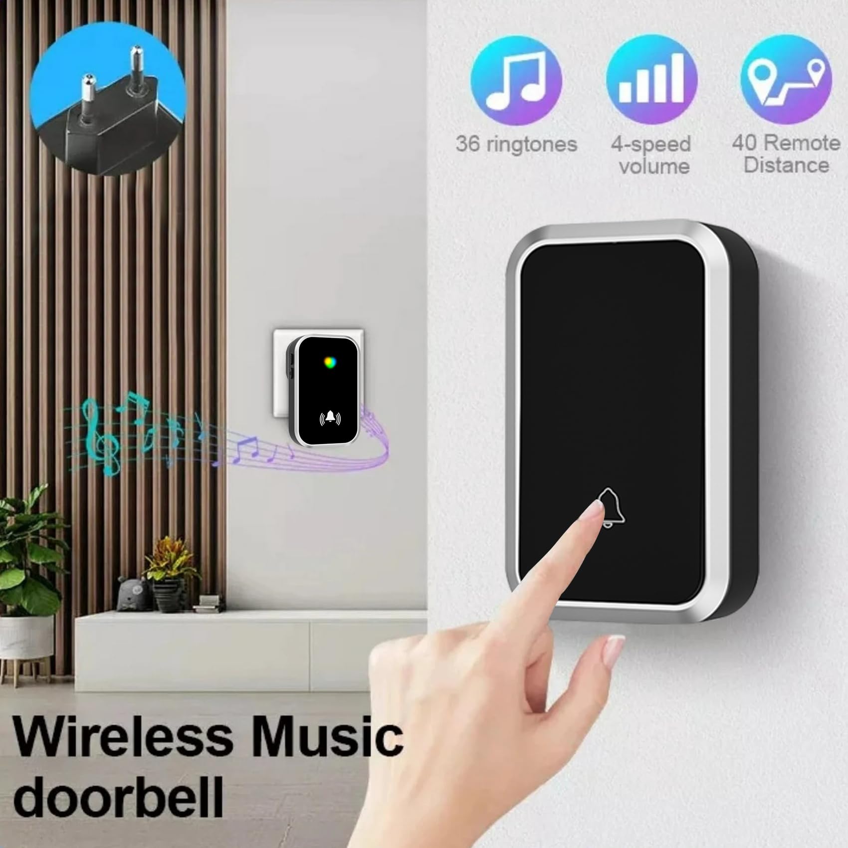 Wireless Door Bell for Home and Office, Small Calling Bell for Office, Upto 1000 Feet Range with 36 Melodies Chimes, LED Flash, 4 Level Volume Doorbell Alarm (2 Transmitter & Receiver) — Amazon image 5