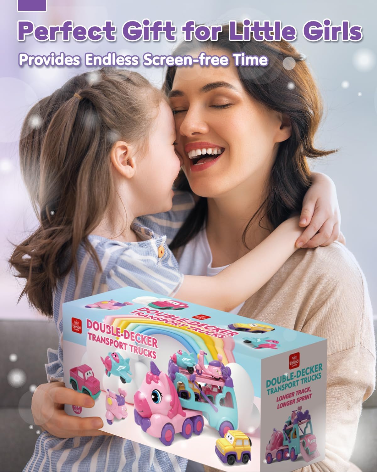 Lehoo Castle Toddler Girl Toys, 5-in-1 Toy Cars for Girls with Lights & Music, 1 2 3 Year Old Girl Toys, Unicorn Toys, Car Carrier Truck Toy, Toys for 1 2 3 Year Old Girls, GB2014