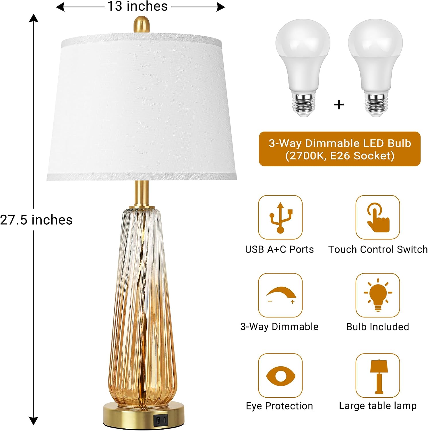 Glass Table Lamps Set of 2, Modern Bedside Lamps for Bedrooms with 3-Way Dimmable Touch Control Nightstand Lamp with White Lampshade USB A+C Ports, 27.5" Large Lamps for Living Room Decor, Champagne