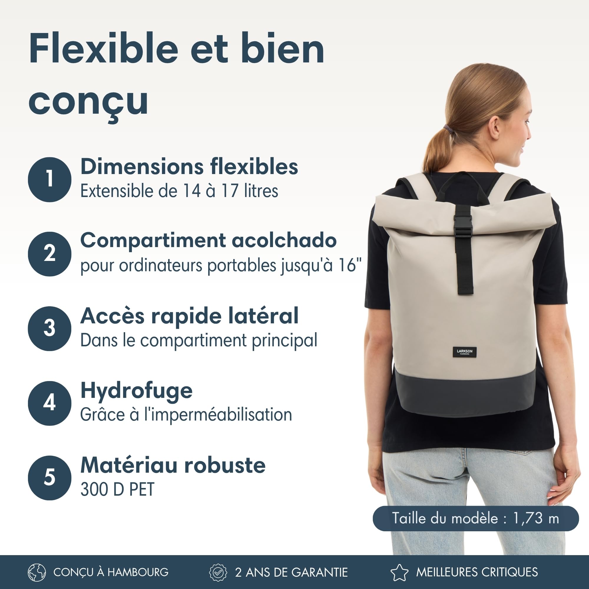 LARKSON Sac à Dos Femmes & Hommes Beige Gris - Janne - Sac à Dos Rolltop avec Compartiment pour Ordinateur Portable pour Université Travail Voyages & Vélo - Medium Backpack - Hydrofuge