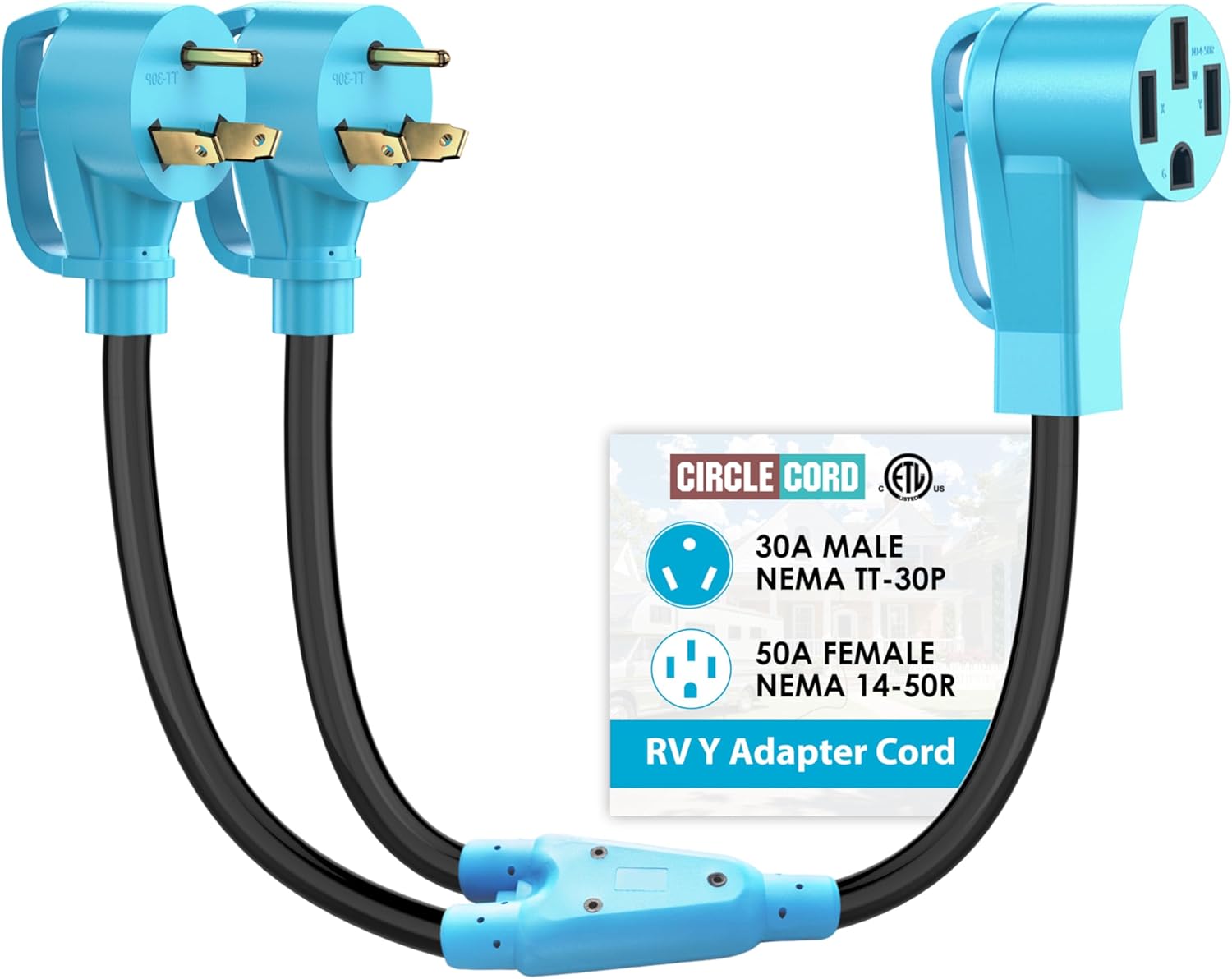 CircleCord ETL Listed RV Y Adapter Cord Two 30 Amp to 50 Amp, NEMA TT-30P Male Plug to 14-50R Female with Grip Handle, Heavy Duty STW 10 AWG for RV Trailer Camper