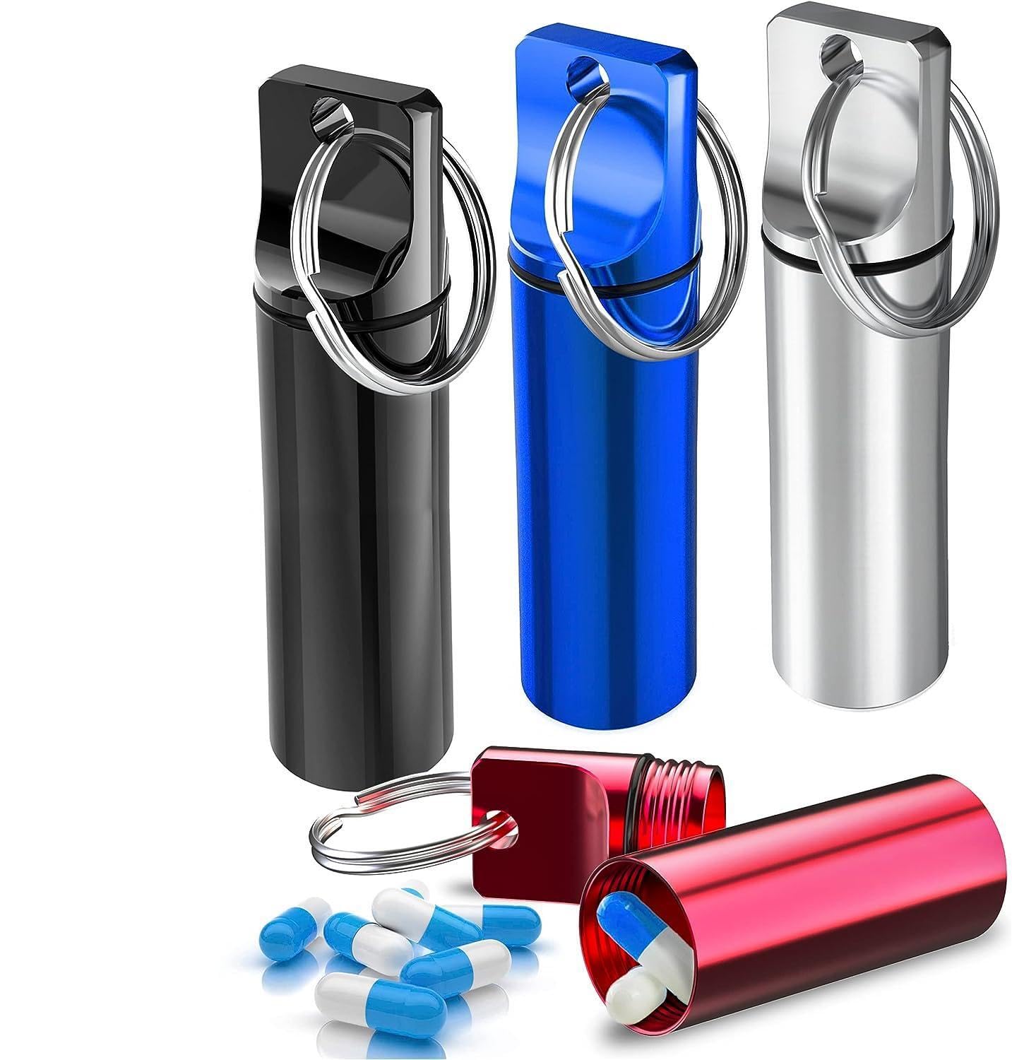 MTROYALDIA Keychain Pill Holder (4 Pack), Aluminum Waterproof Portable Small Travel Medicine Bottle Case Box Container for Purse, Mini Metal Capsule/Tablet Keeper Pocket Organizer for Men & Women
