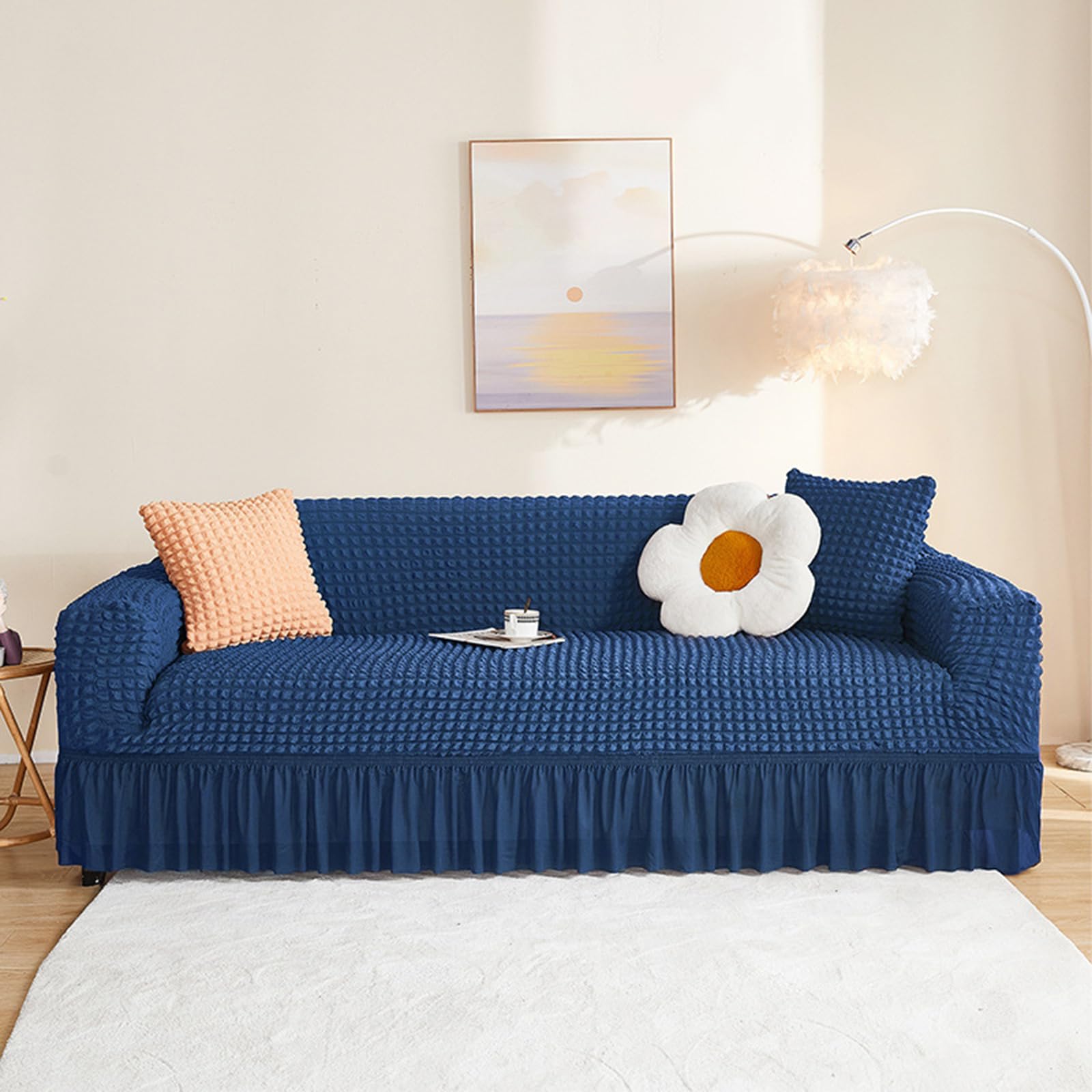 JIXINHEKEJI Stretch Seersucker Sofa Cover Instant Makeover, Non-Slip Soft Washable Couch Slipcover With Elastic Bottom And Skirt, Furniture Protector For (Size:2 seaters(145-185cm),Color:Navy Blue)