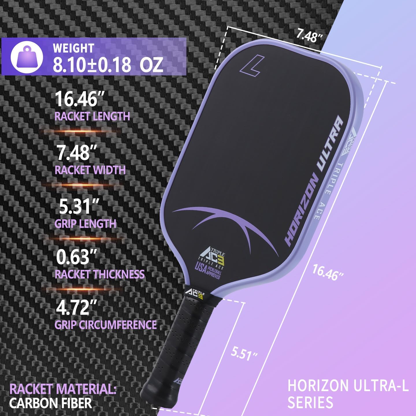 Triple Ace Professional Pickleball Paddle | USA Approved | T700 Carbon Fiber | 16mm Thick | Delivers Power, Spin & Control | with Paddle Cover | Designed for Intermediate & Advanced Players