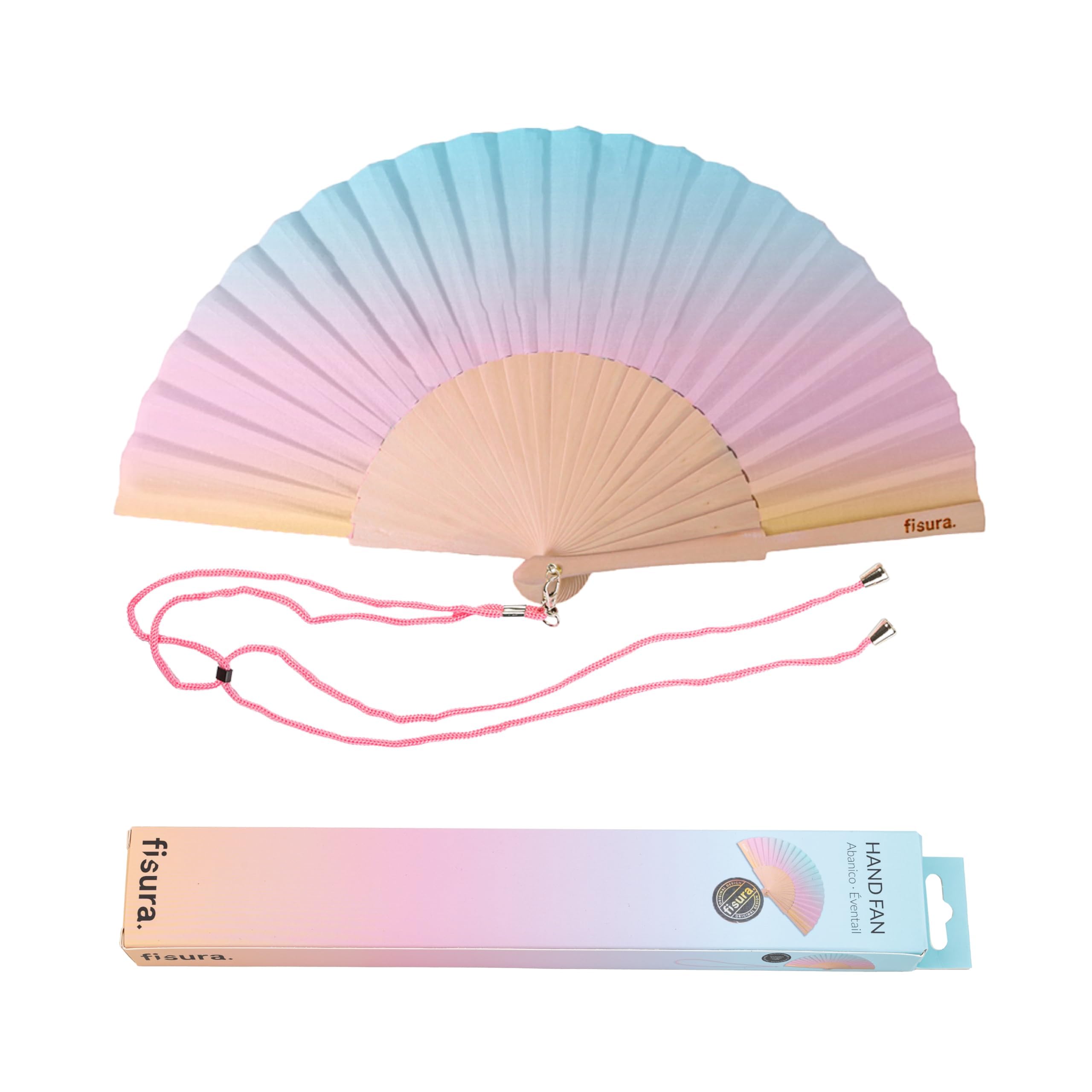 Fisura - Original Fan with Pink Gradient Pattern. Funny Wooden Fan. Blue and Pink Fan. Measurements: 42,5 x 23 centimetres. Materials: Wood and Textile.