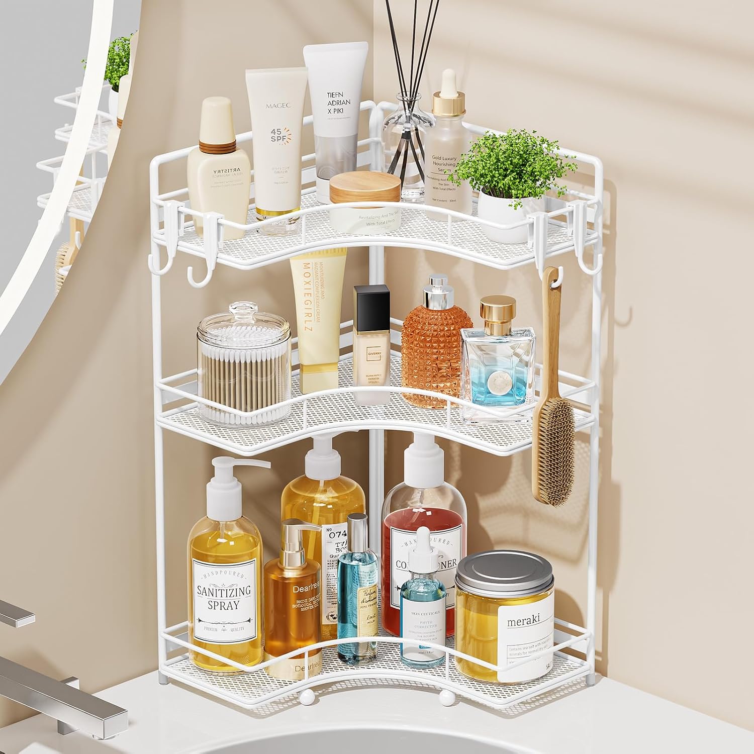 VITVITI 3 Tier Corner Bathroom Counter Organizer, Bathroom Countertop Organizer Storage for Sink, Metal Mesh Makeup Organizer for Vanity Countertop Kitchen with Hooks, White