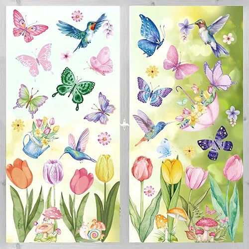 Large Spring Window Clings - 8 Sheets 83 Pcs Butterfly Tulip Flower Window Decal Watercolor Stickers for Glass Windows Home Classroom Office Shop