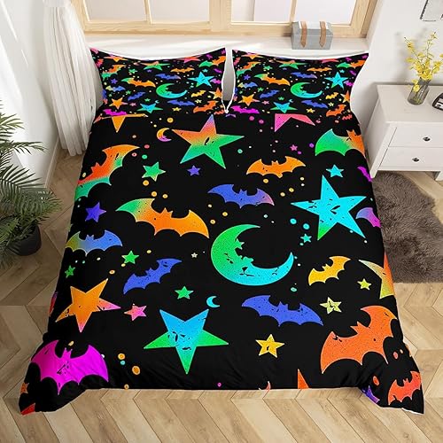 Erosebridal Juego de ropa de cama con diseño de murciélagos y cielo estrellado colorido para niños pequeños, funda de edredón de estrellas