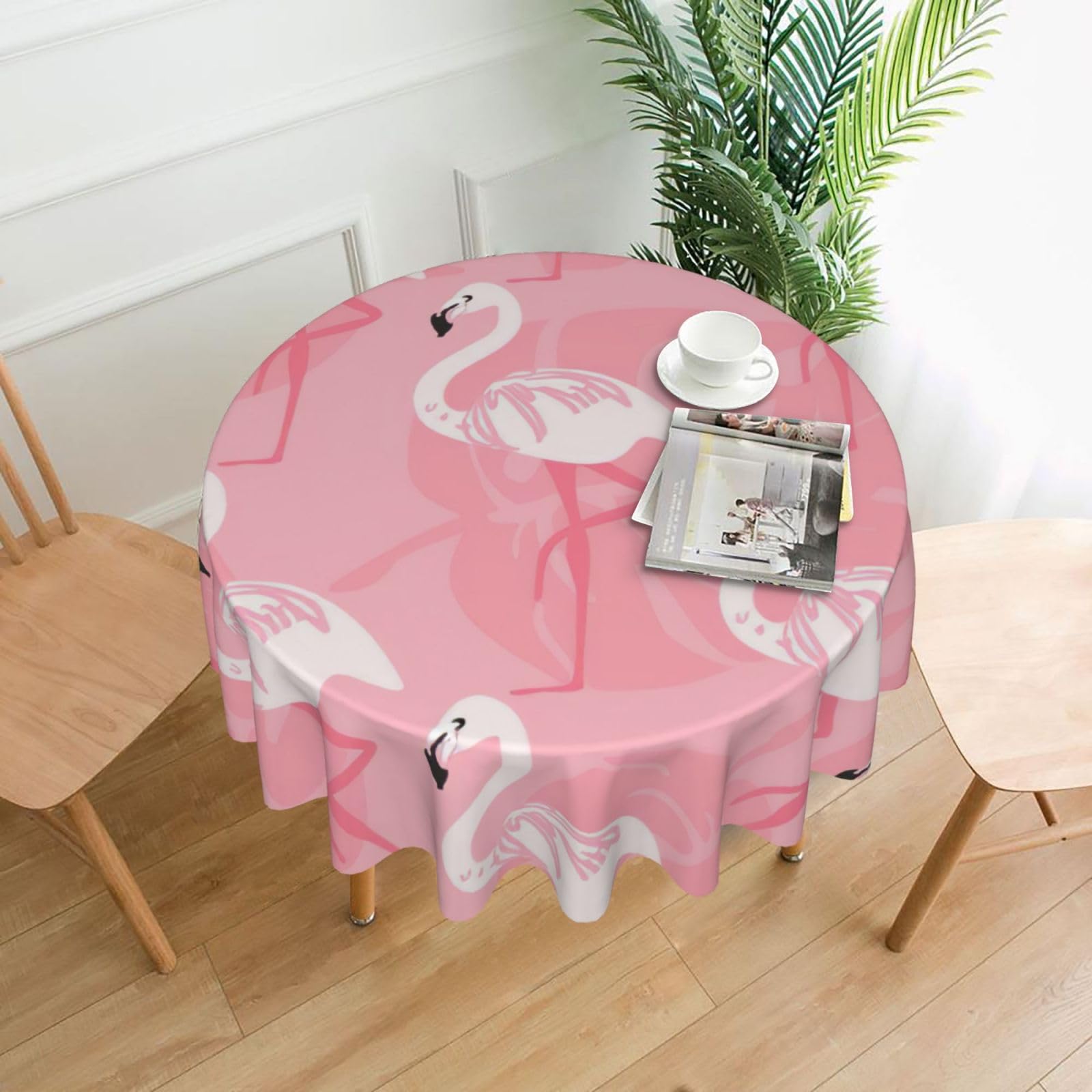 Uusnwaa Summer Flamingo Palm Leaves Print Round Tablecloth 60 Inch, Stain Wrinkle Resistant Washable Polyester Table Cover For Kitchen Party