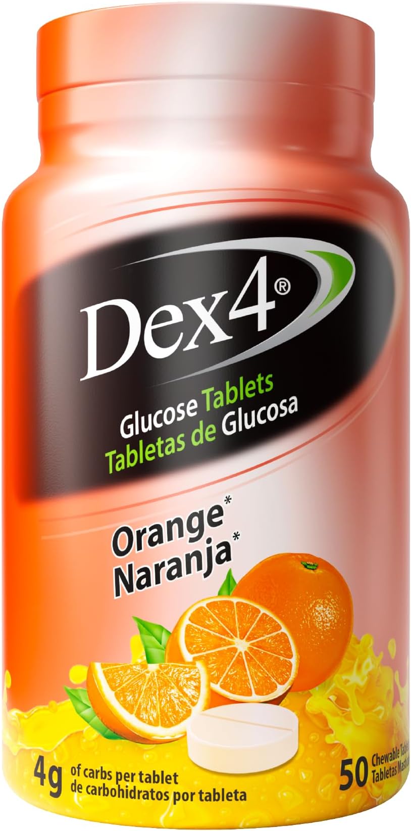 Dex4 Glucose Tablets, Orange, 50 Count Bottle, Each Tablet Contains 4g of Carbs