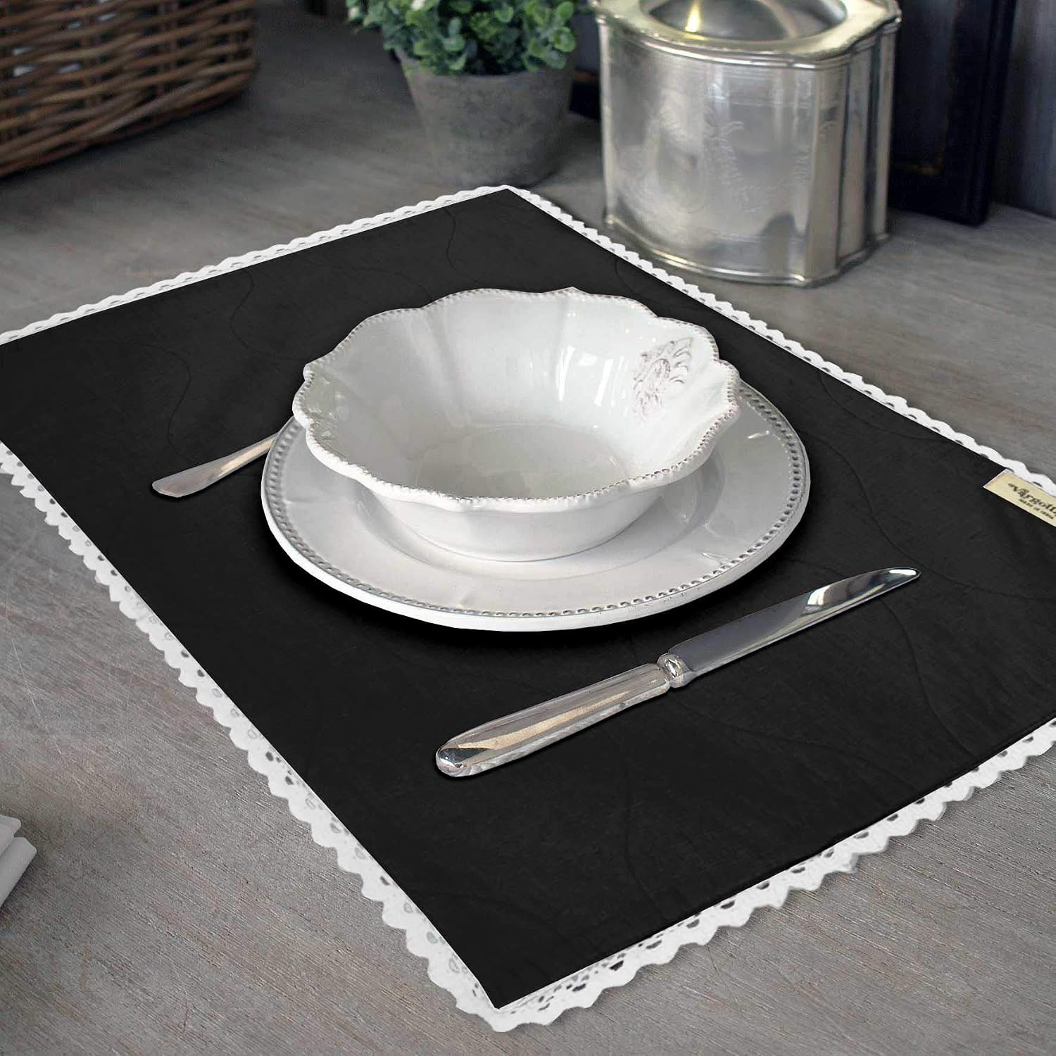 Black Home Decor Cotton Flex Reversible Fabric White Lace Placemats Table Dining Mats-Set of 4