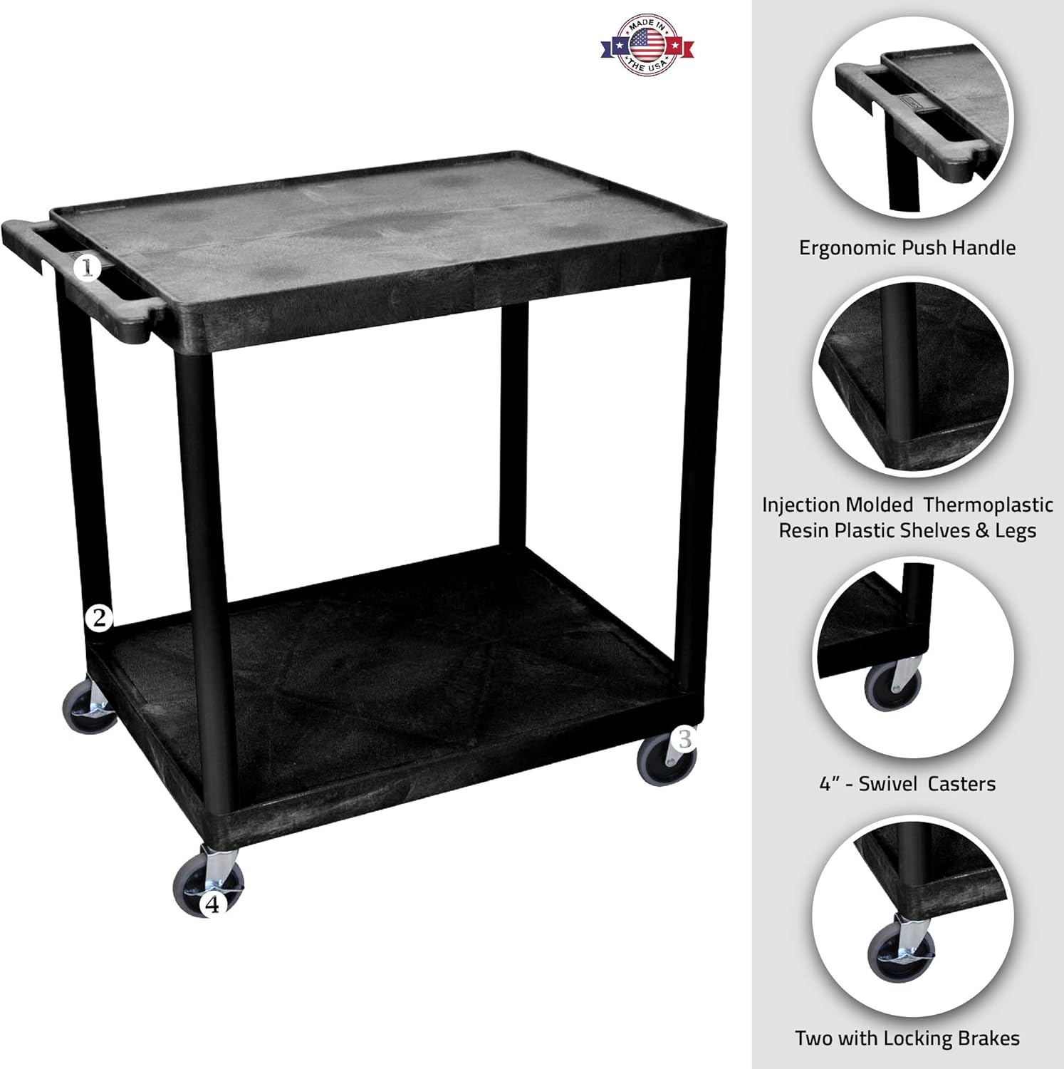 Small Black Polyethylene 2-Shelf Utility Cart with Swivel Wheels