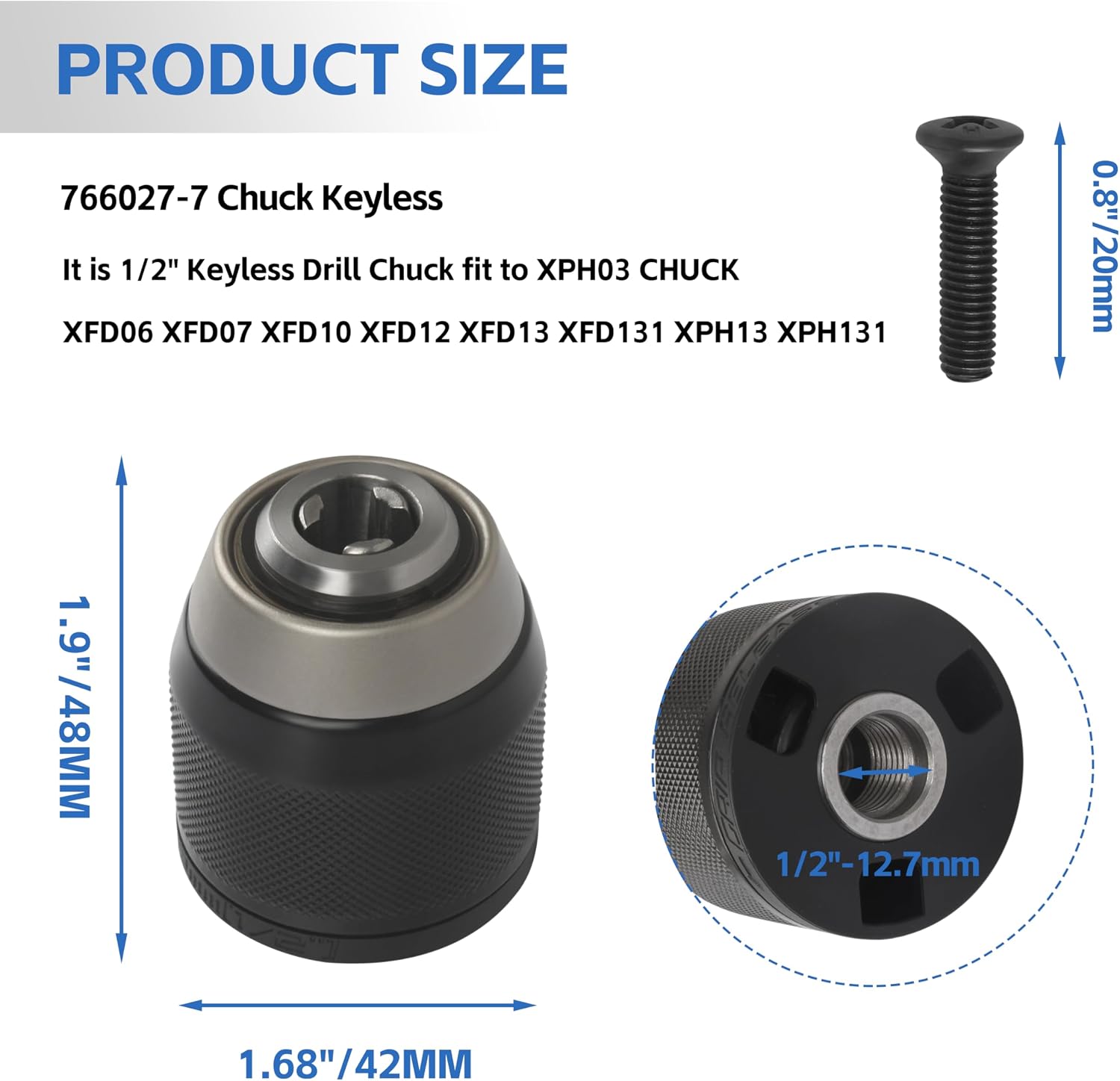 766027-7 Keyless Hand Drill Chuck 2-13MM Replace for Makita DHP484 DHP482 DDF484 DDF482 BHP452 BDF453 BDF452 LXFD01 LXPH05Z XFD01RW DHP485 DDF446 Drill Chucks